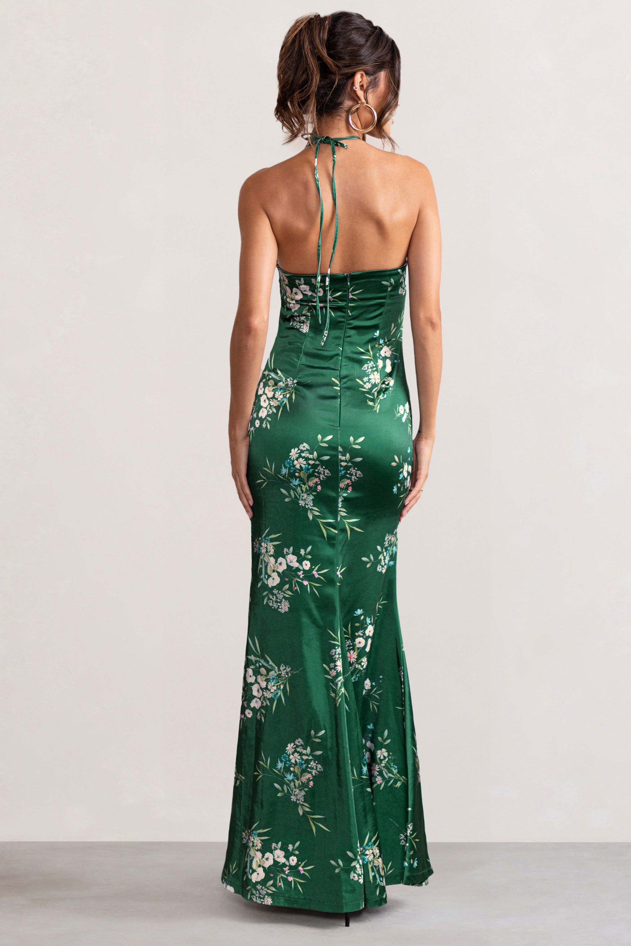 Grandeur | Green Floral Print Satin Halterneck Maxi Dress sold by Club L London product image thumbnail 2