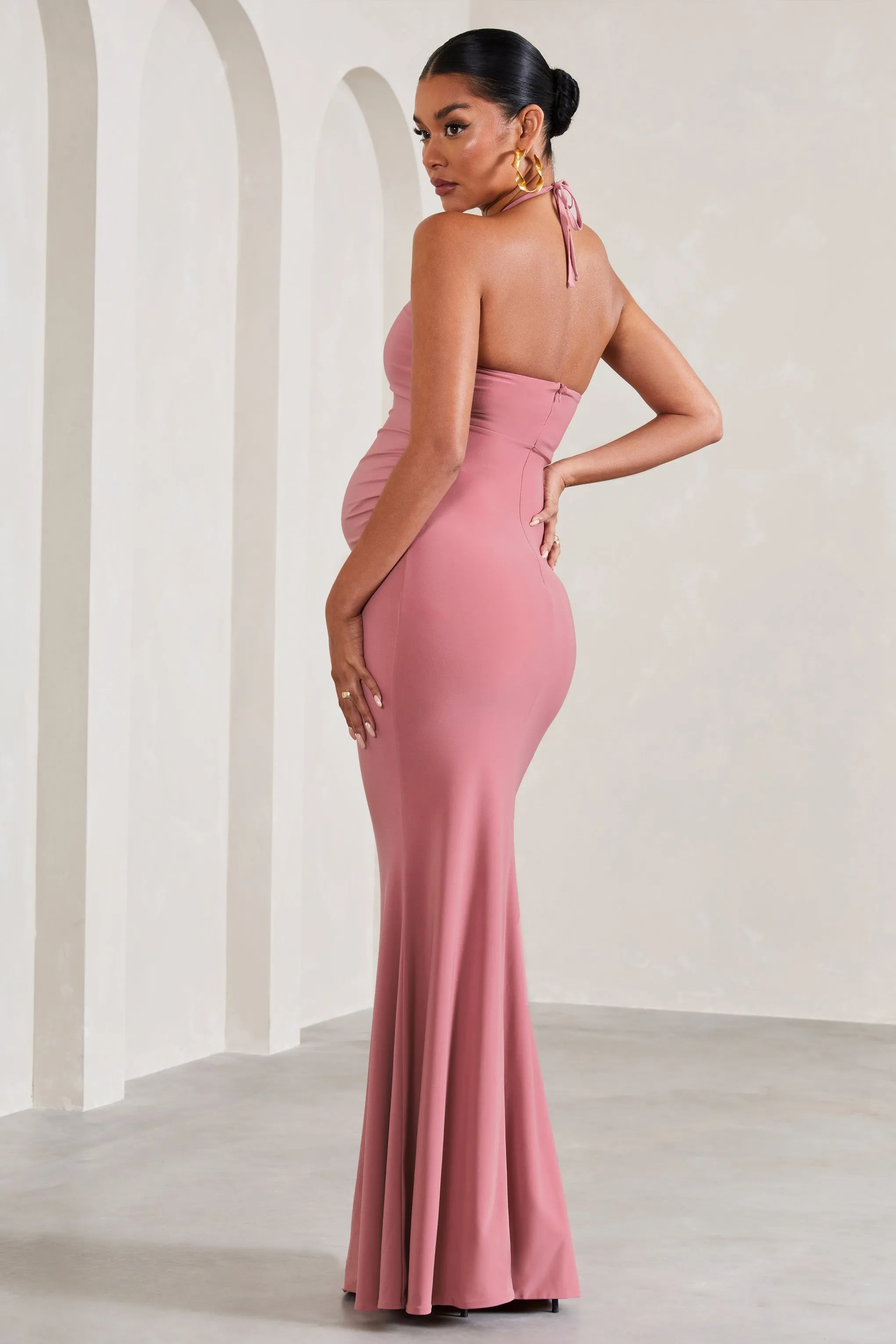 Loving | Blush Pink Halter-Neck Maternity Maxi Dress With Flower Corsage sold by Club L London product image thumbnail 2