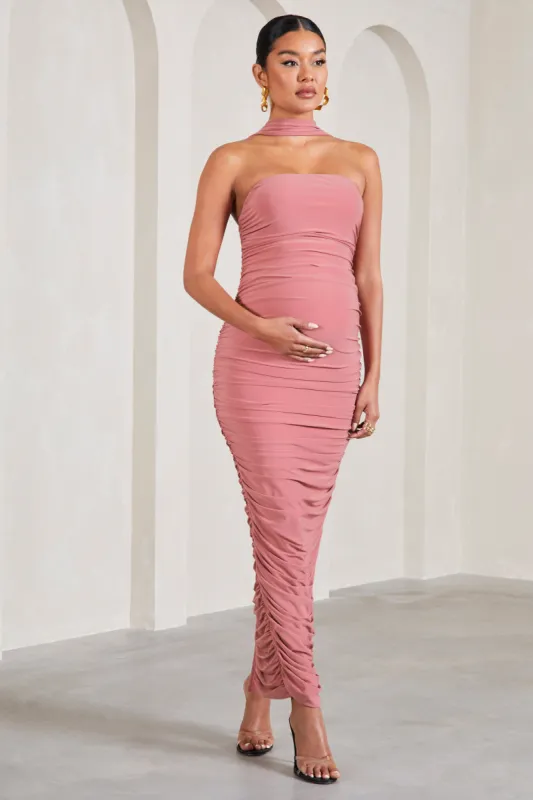 Truly | Blush Pink Ruched Maternity Maxi Dress With Halter Collar sold by Club L London