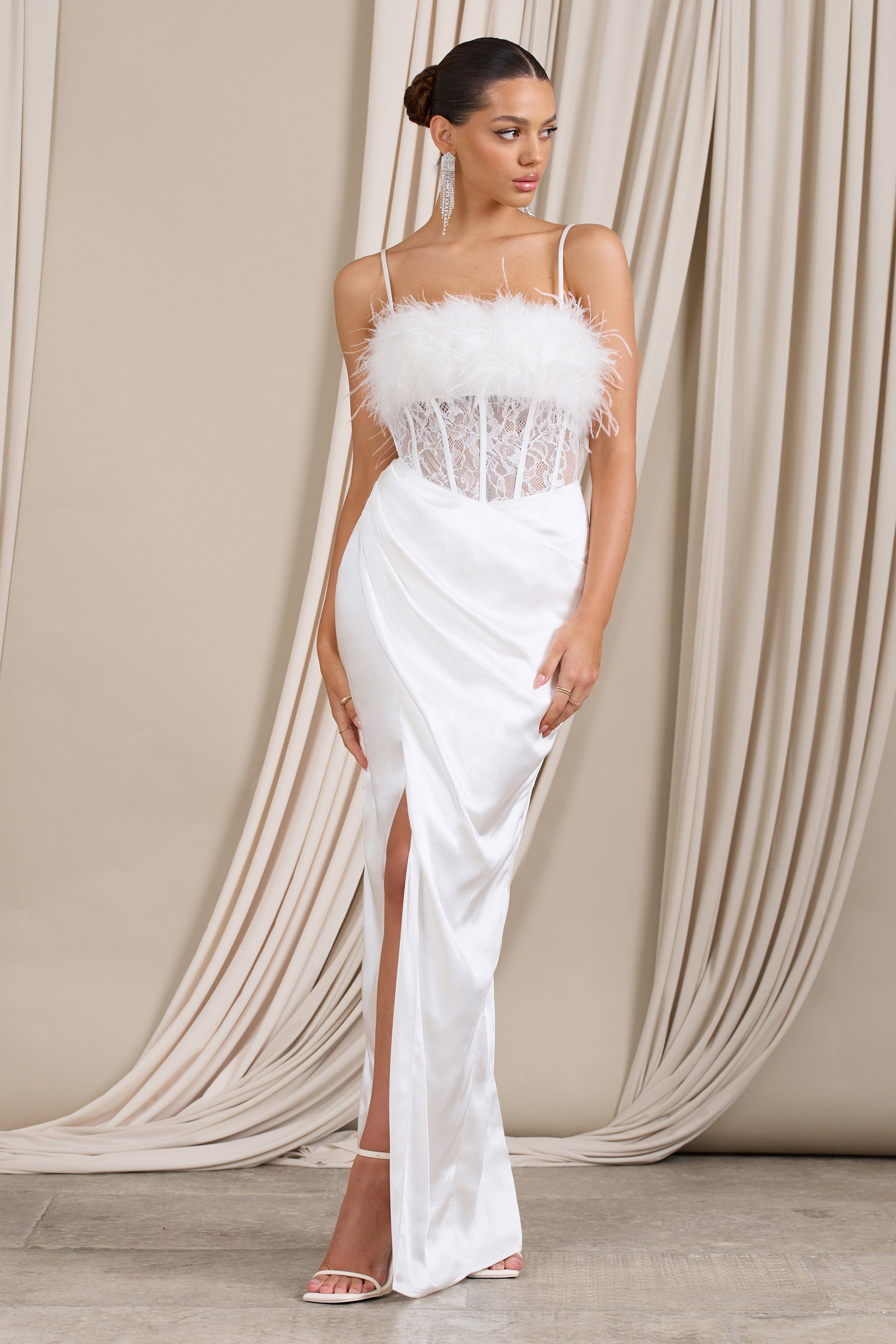 Countess | White Lace Corset Maxi Dress With Feather Trim sold by Club L London