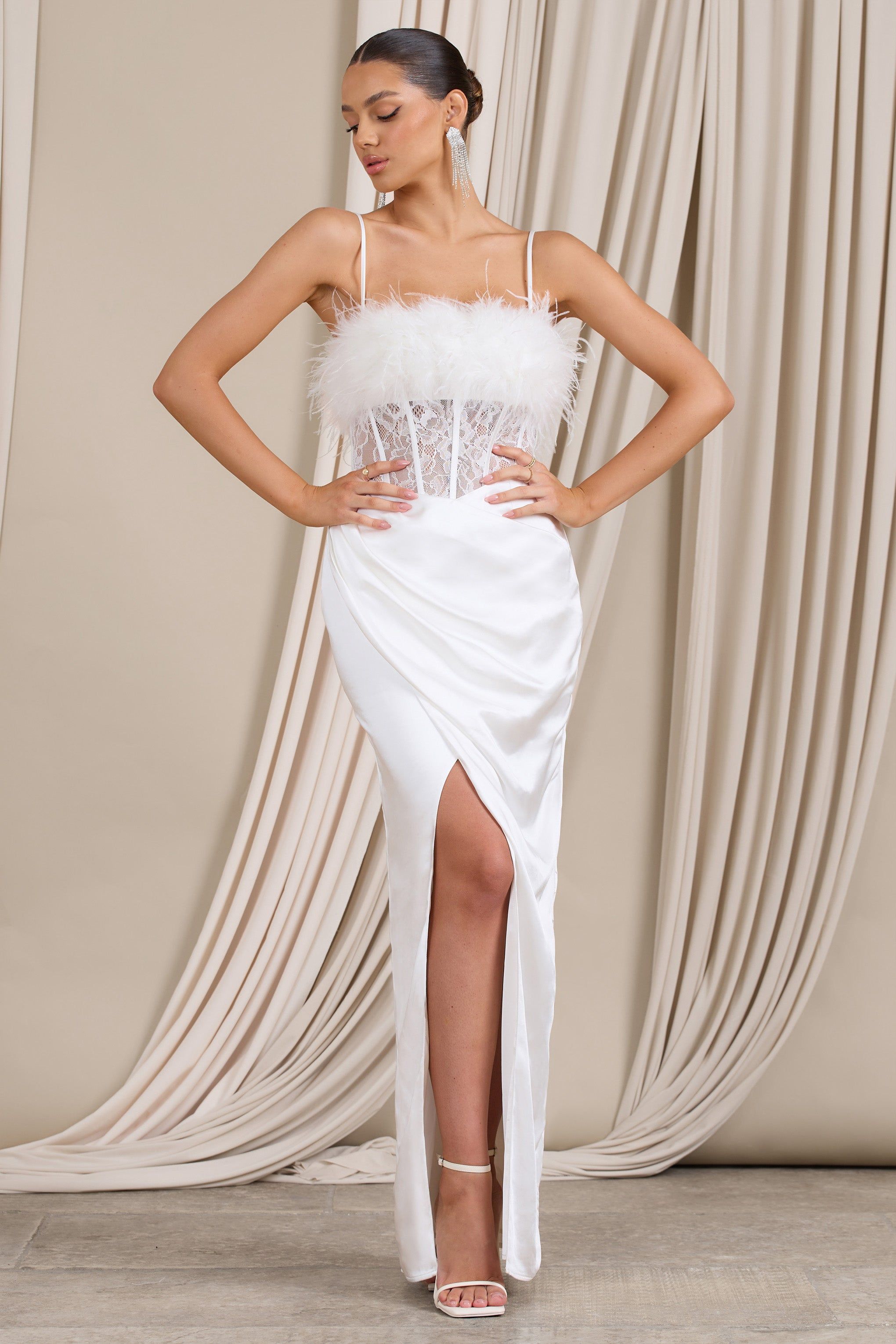Countess | White Lace Corset Maxi Dress With Feather Trim sold by Club L London product image thumbnail 4