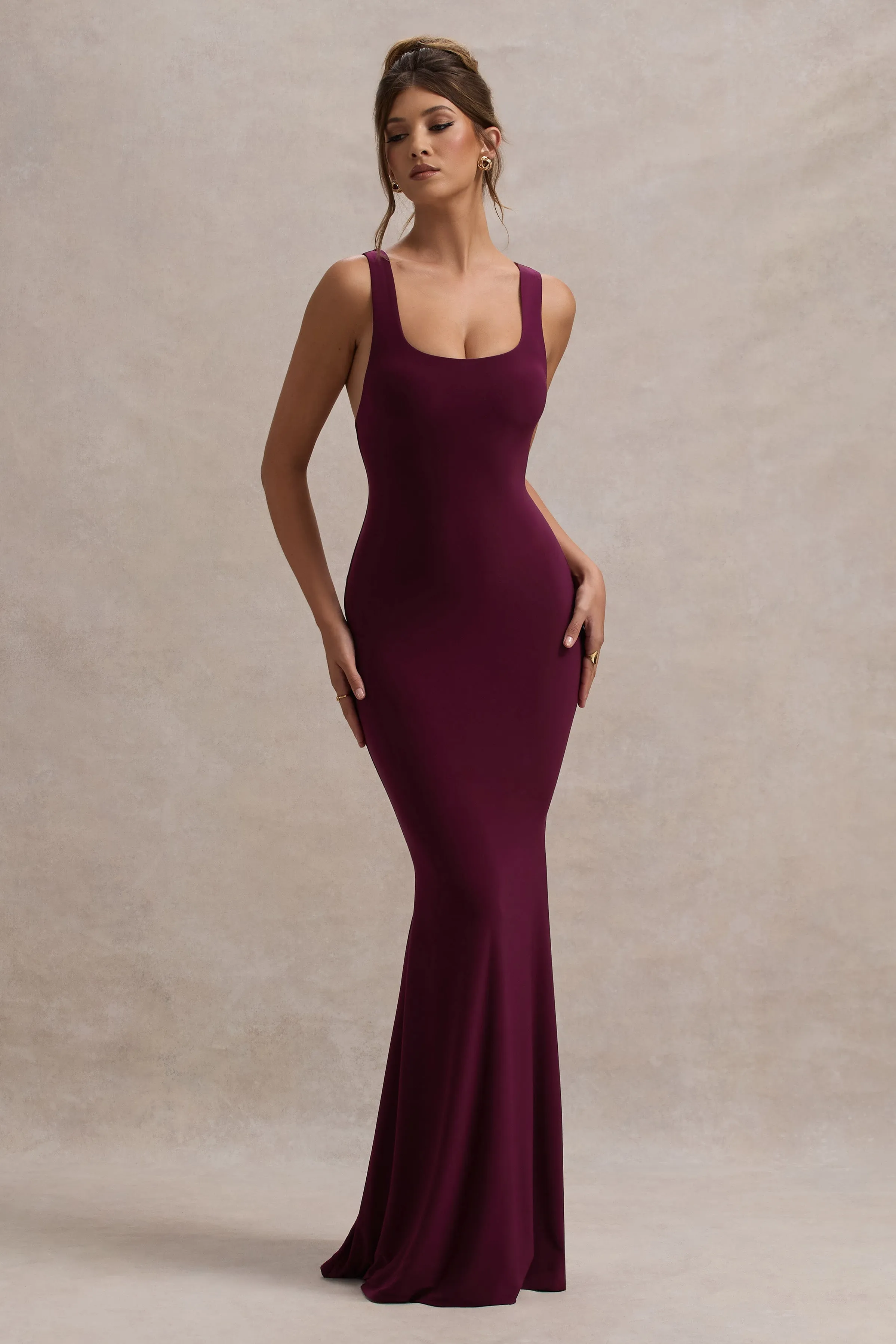 Mahina | Burgundy Square-Neck Maxi Dress sold by Club L London