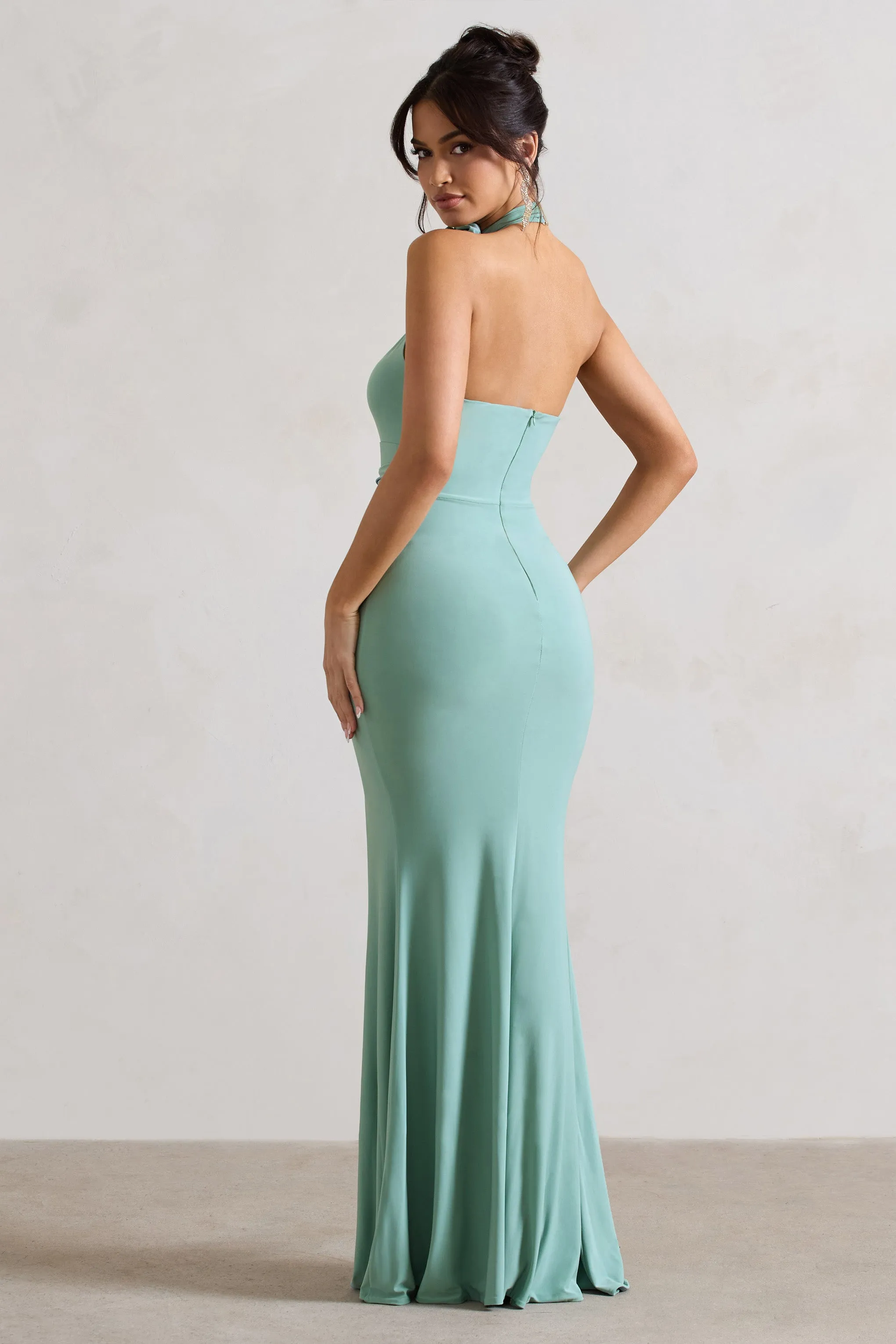 Kira | Sage Halter-Neck Cut-Out Split Maxi Dress With Flowers sold by Club L London product image thumbnail 2