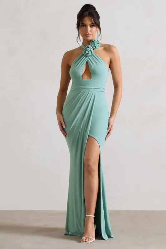 Kira | Sage Halter-Neck Cut-Out Split Maxi Dress With Flowers sold by Club L London