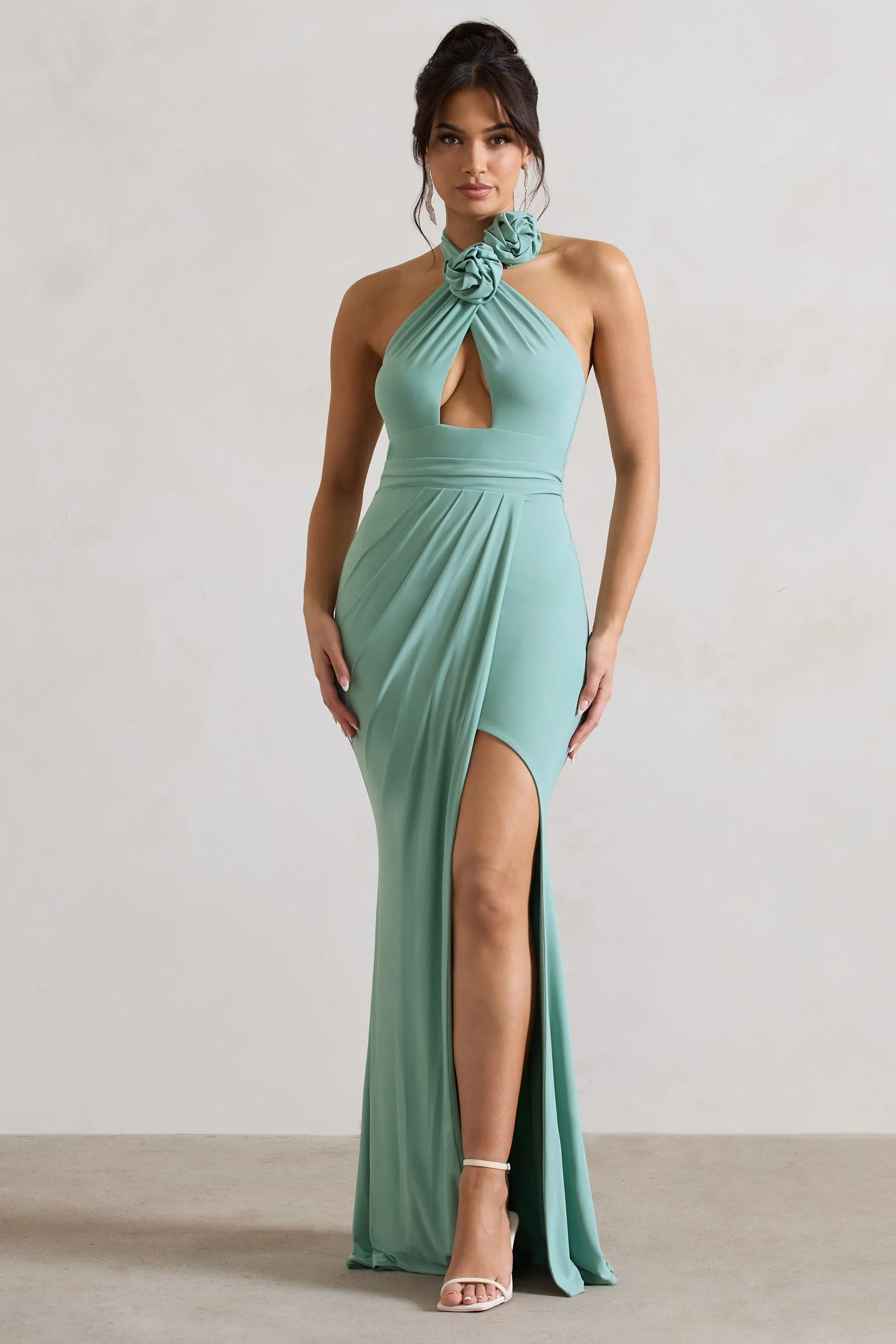 Kira | Sage Halter-Neck Cut-Out Split Maxi Dress With Flowers sold by Club L London