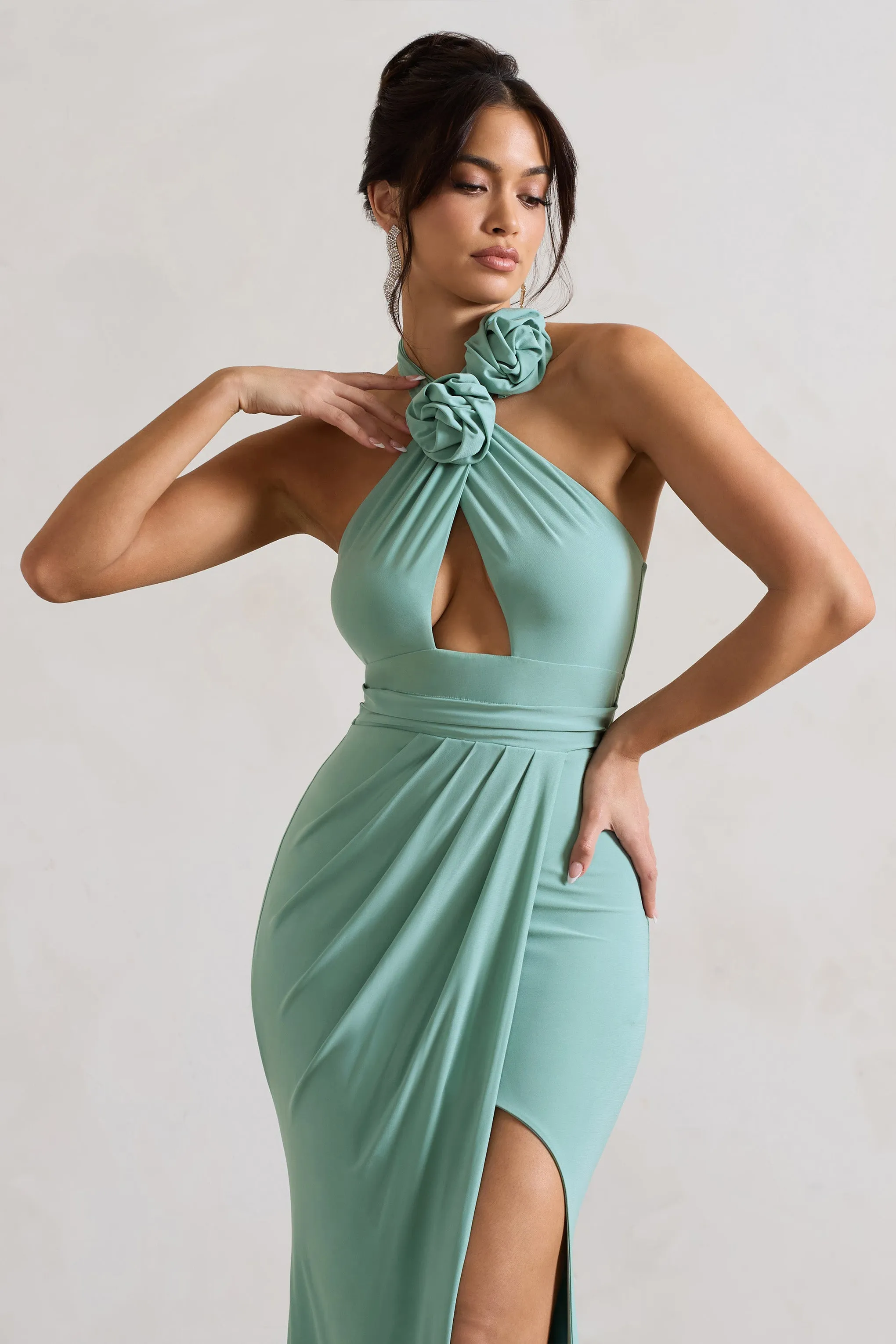 Kira | Sage Halter-Neck Cut-Out Split Maxi Dress With Flowers sold by Club L London product image thumbnail 3