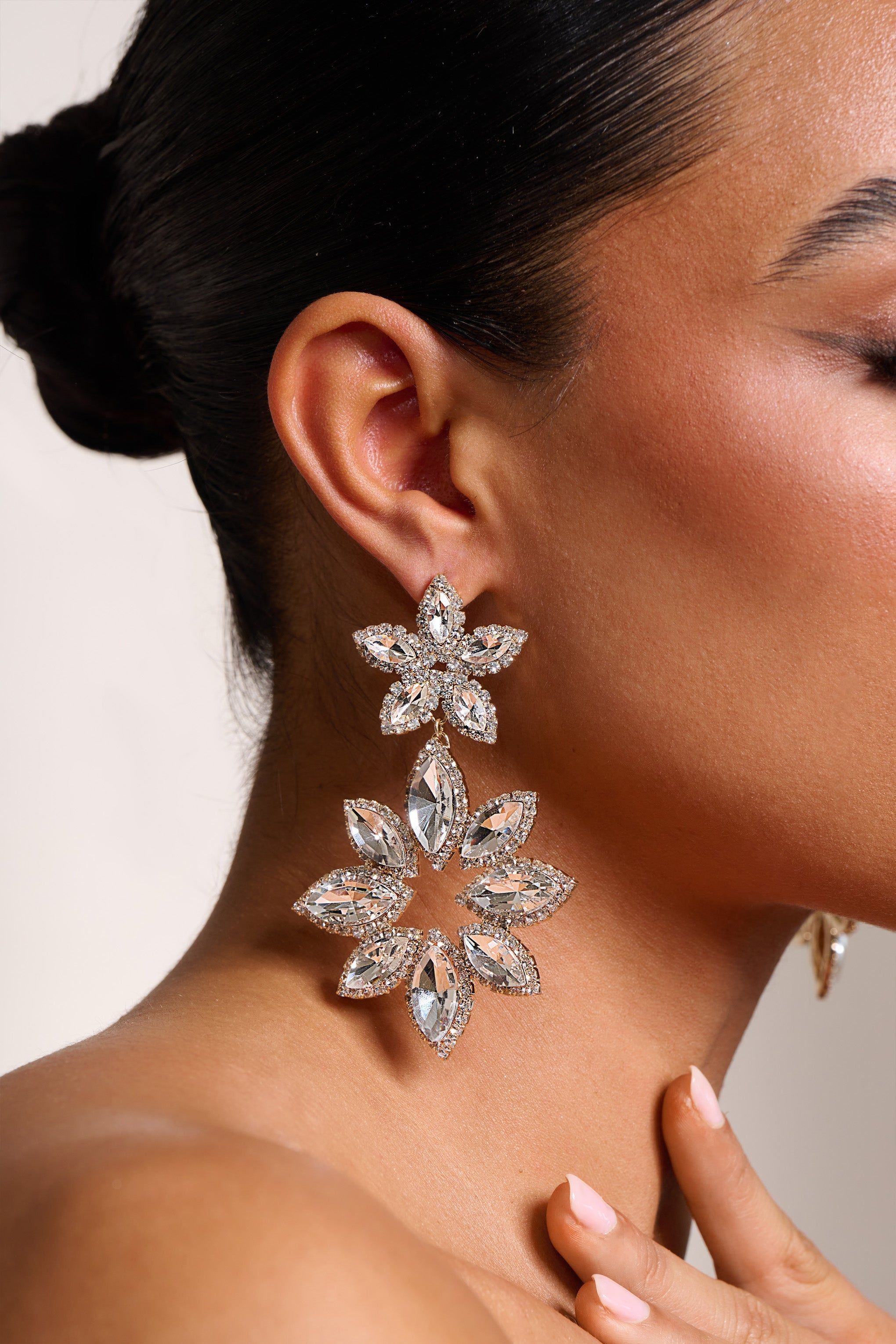 Feleicia | Gold Diamante Flower Drop Earrings sold by Club L London product image thumbnail 2