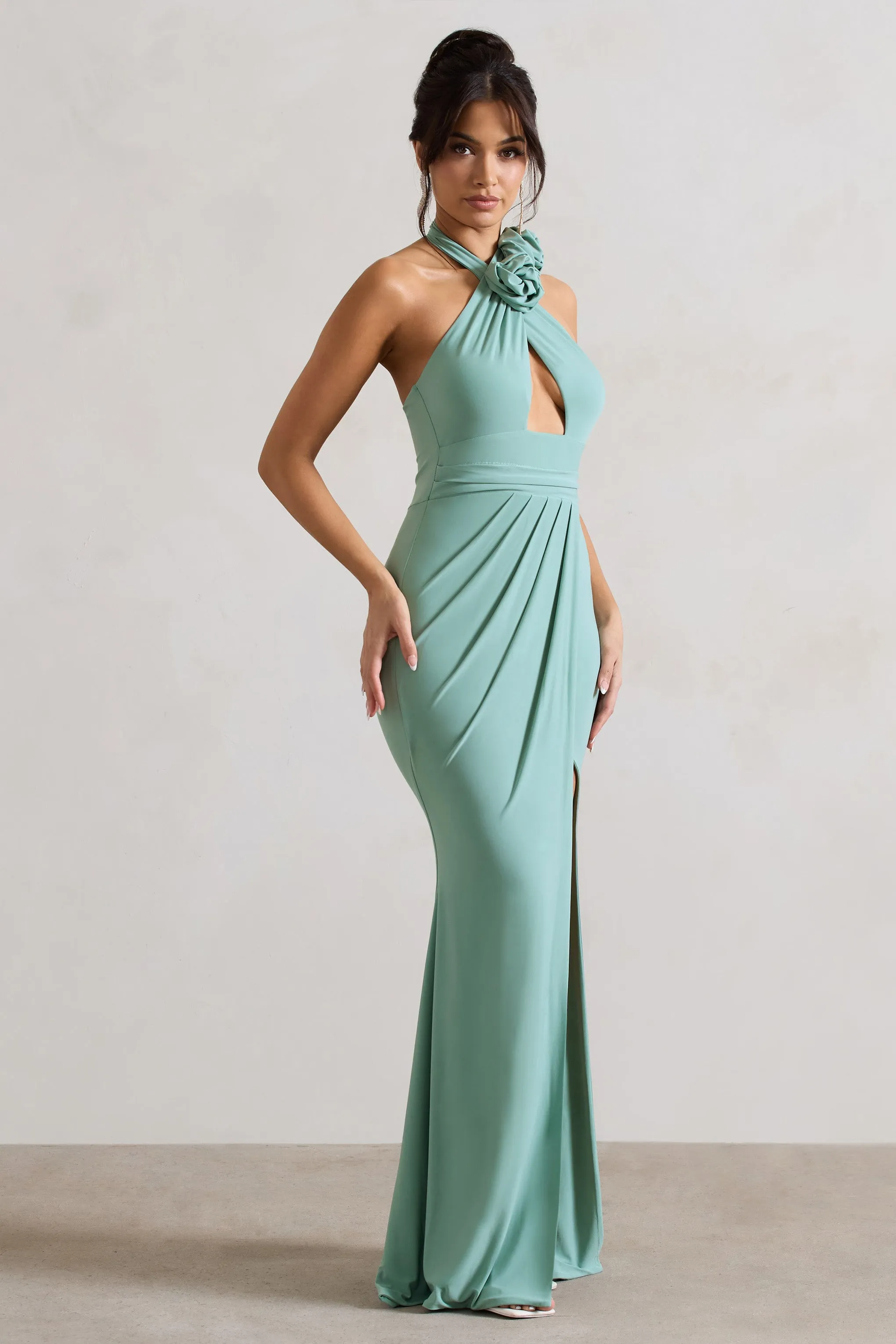 Kira | Sage Halter-Neck Cut-Out Split Maxi Dress With Flowers sold by Club L London product image thumbnail 5
