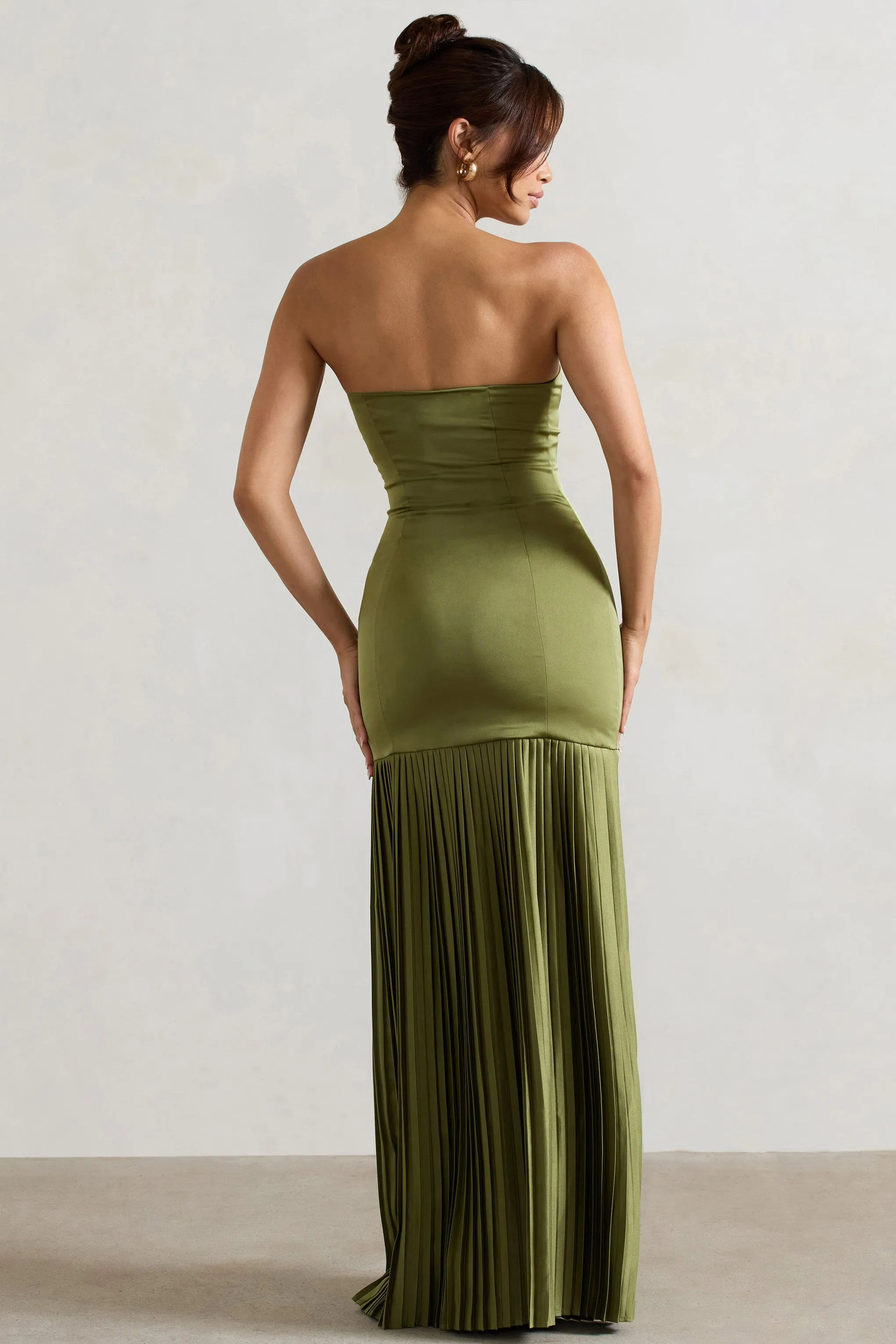 Confidence | Olive Satin Bandeau Pleated Split Maxi Dress sold by Club L London product image thumbnail 2