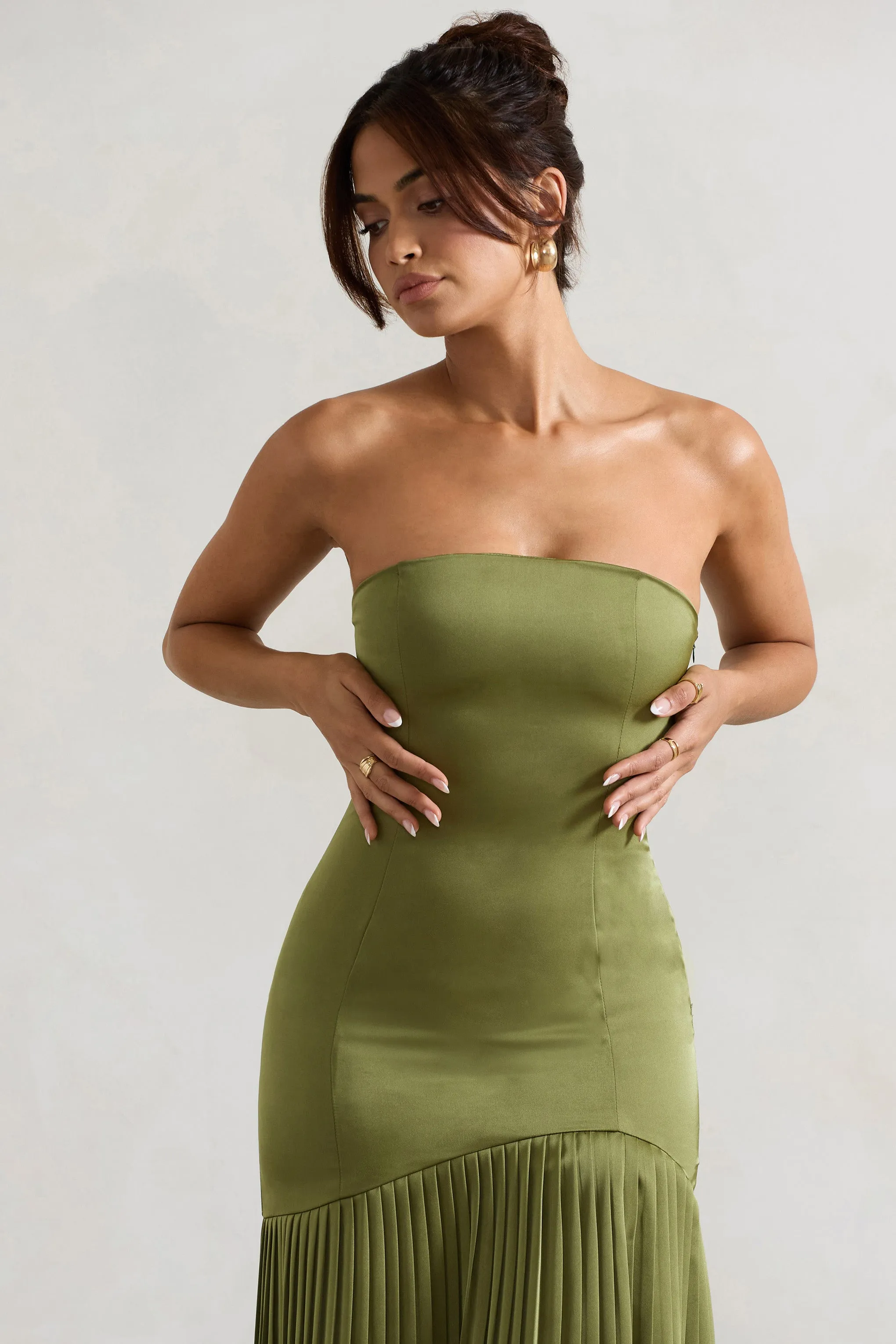 Confidence | Olive Satin Bandeau Pleated Split Maxi Dress sold by Club L London product image thumbnail 3