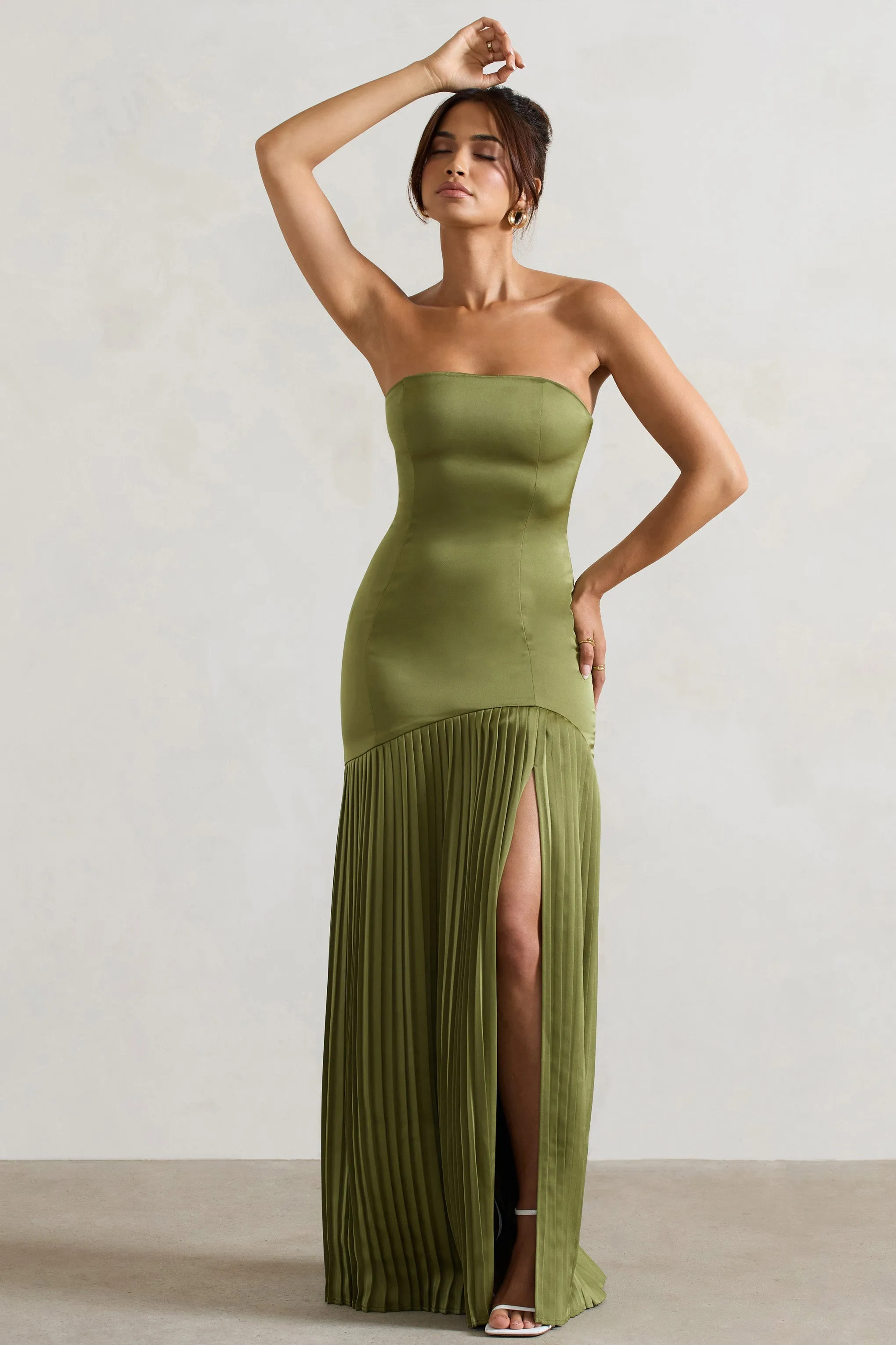 Confidence | Olive Satin Bandeau Pleated Split Maxi Dress sold by Club L London product image thumbnail 5