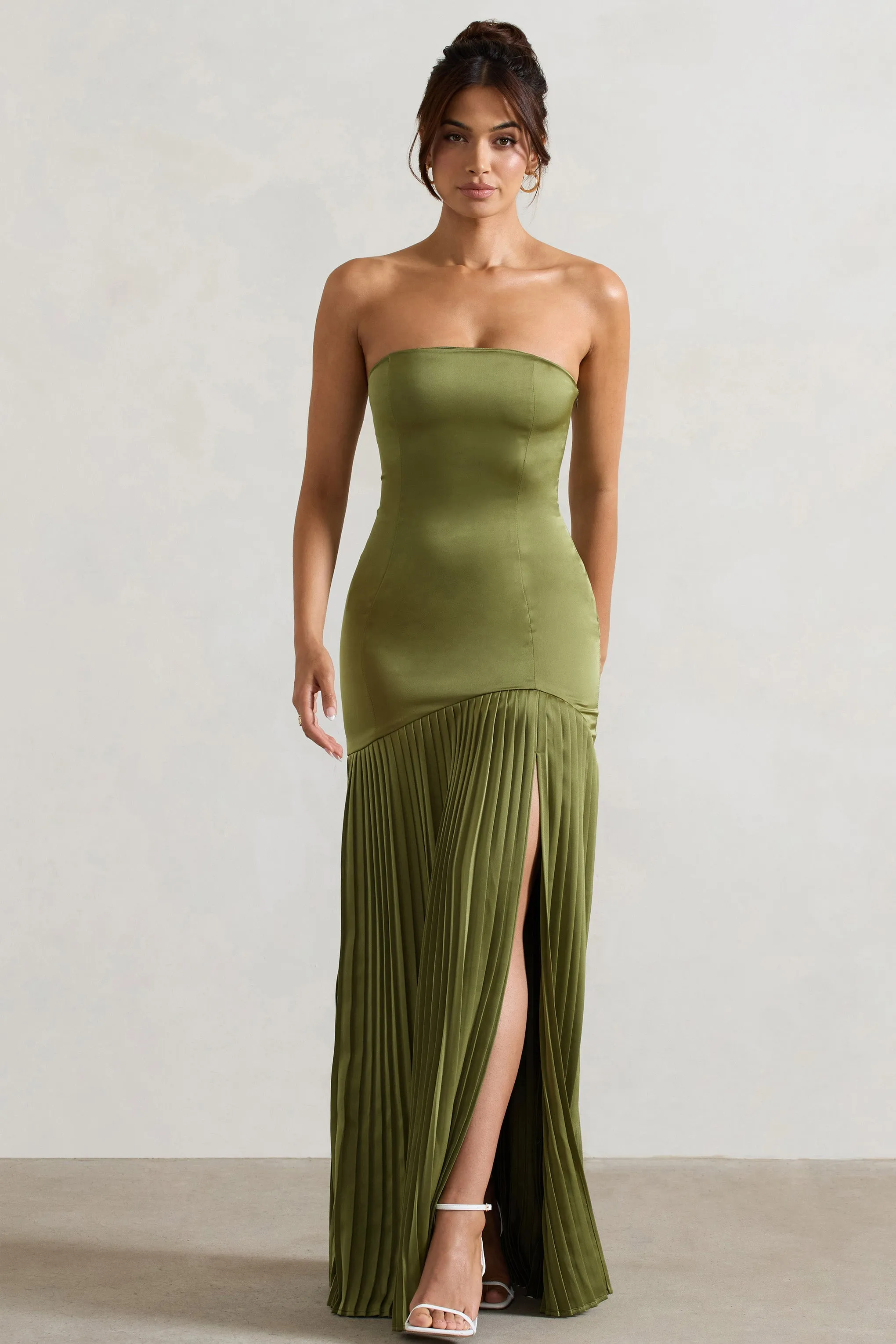 Confidence | Olive Satin Bandeau Pleated Split Maxi Dress sold by Club L London