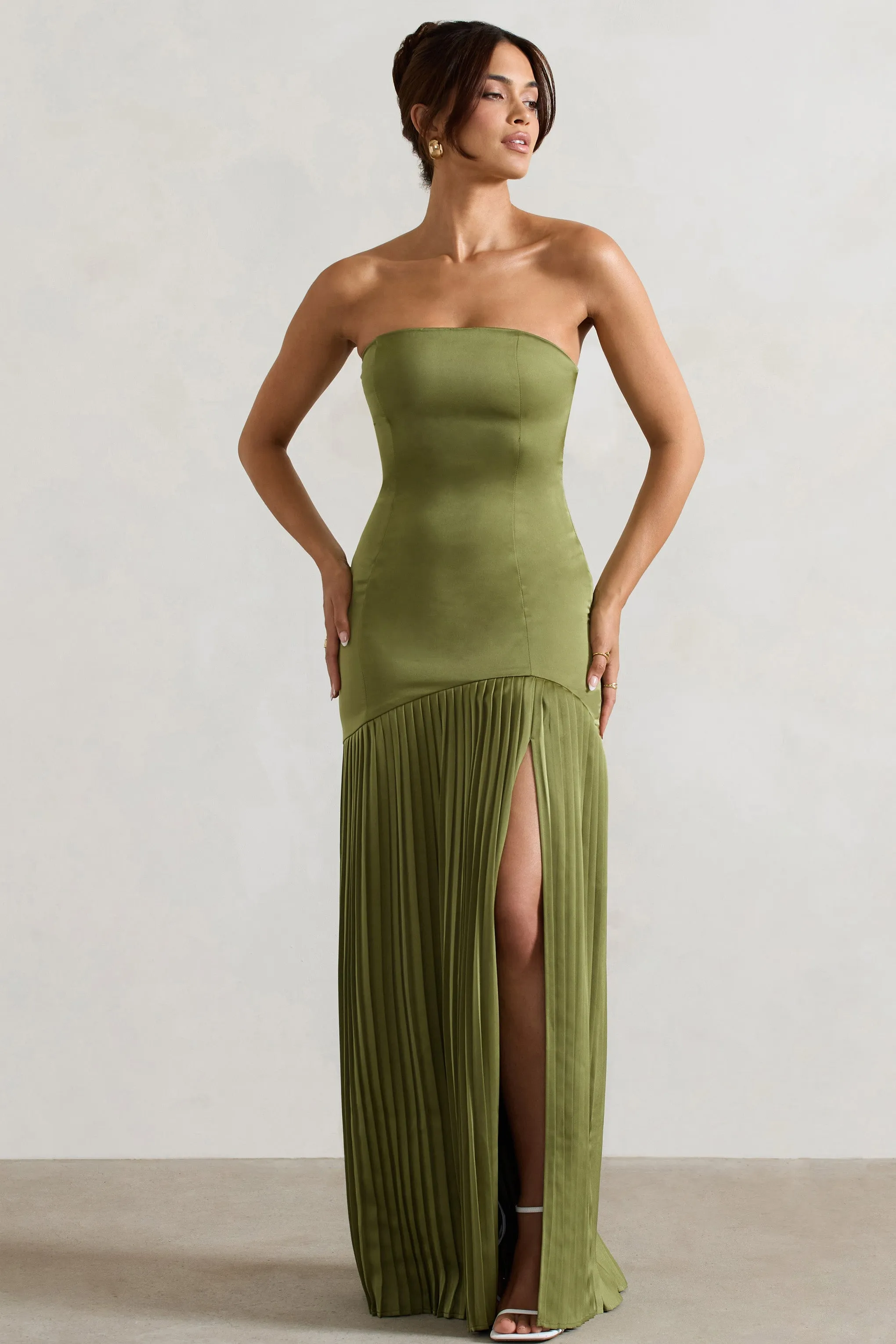 Confidence | Olive Satin Bandeau Pleated Split Maxi Dress sold by Club L London product image thumbnail 4