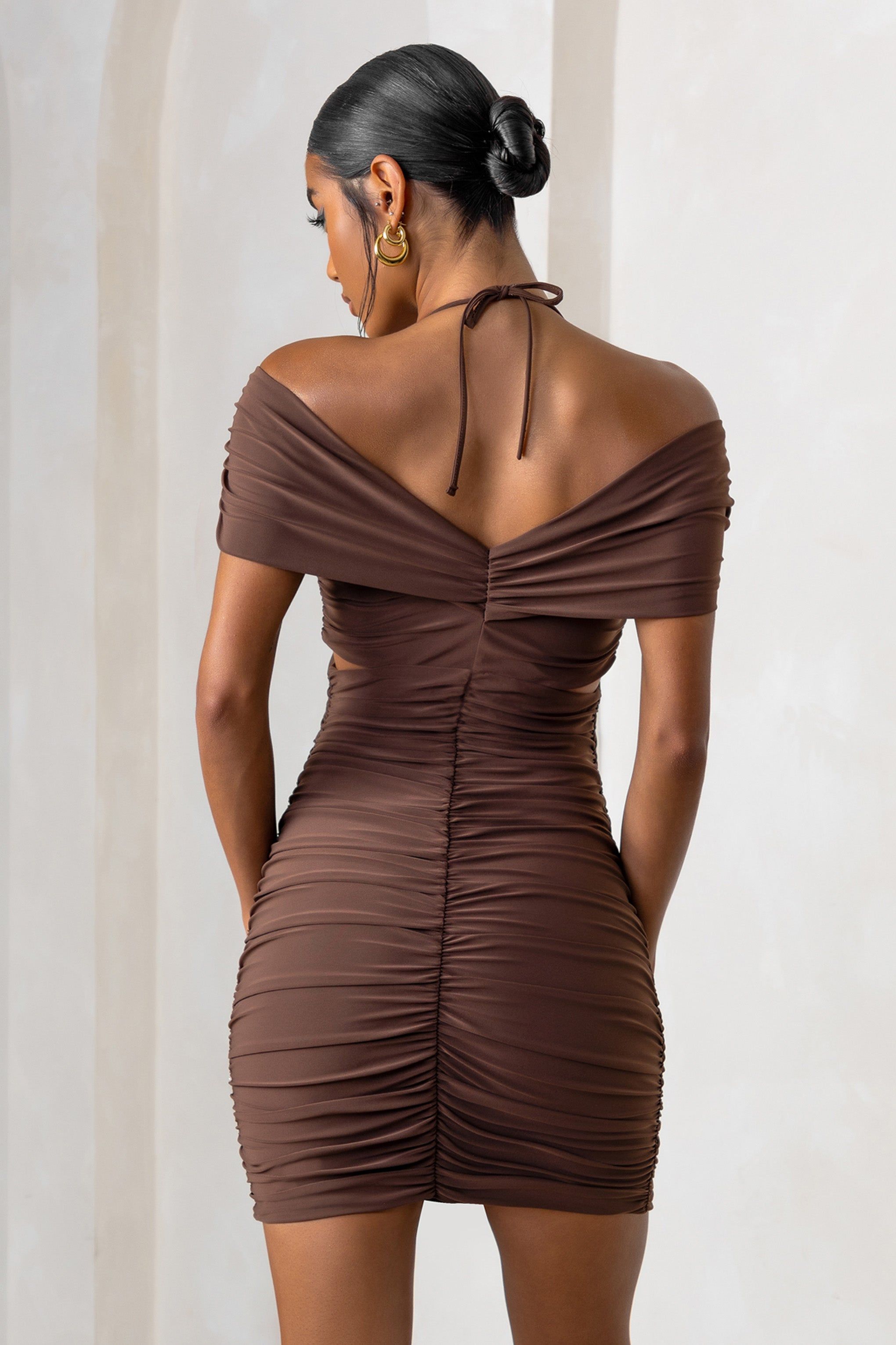 Catch Me | Chocolate Brown Bardot Ruched Mini Dress sold by Club L London product image thumbnail 2