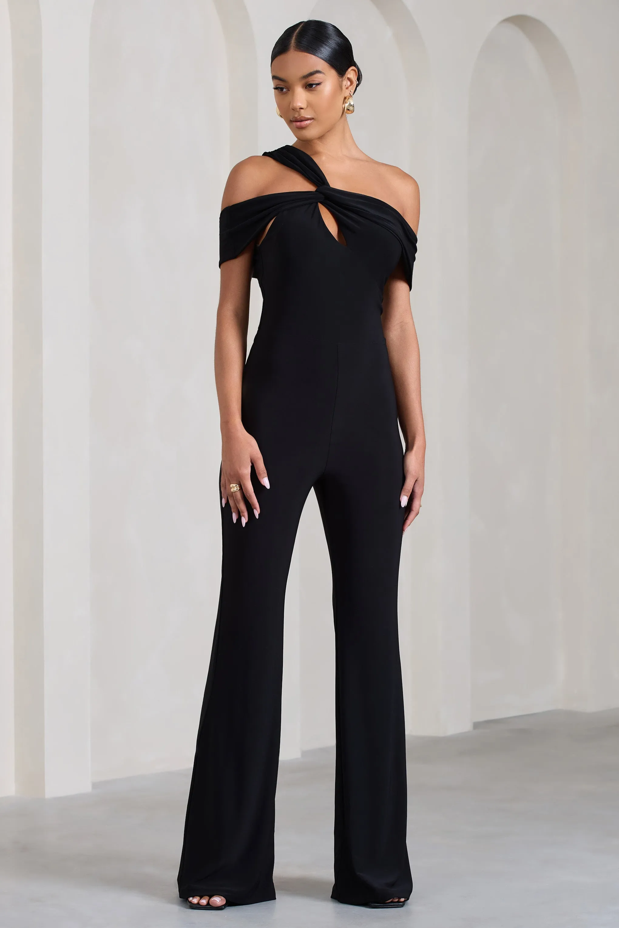 Striking | Black Strappy Asymmetric Flared-Leg Jumpsuit sold by Club L London product image thumbnail 5