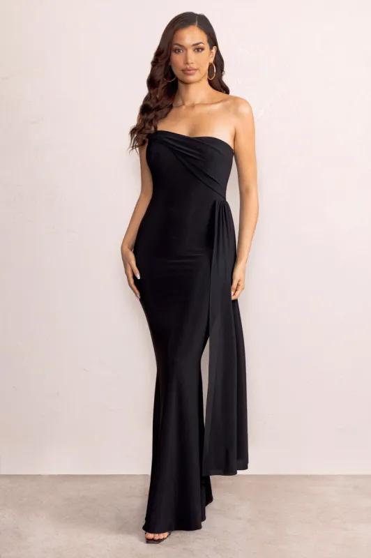 Aaliyah | Black Asymmetric Bardot Maxi Dress with Drape sold by Club L London
