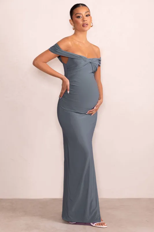 Kia | Dove Grey Twist Bardot Maternity Maxi Dress with Split made by Club L London