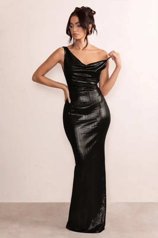 Galaxy Shimmer | Black Bias Cut Cowl Front Maxi Dress sold by Club L London