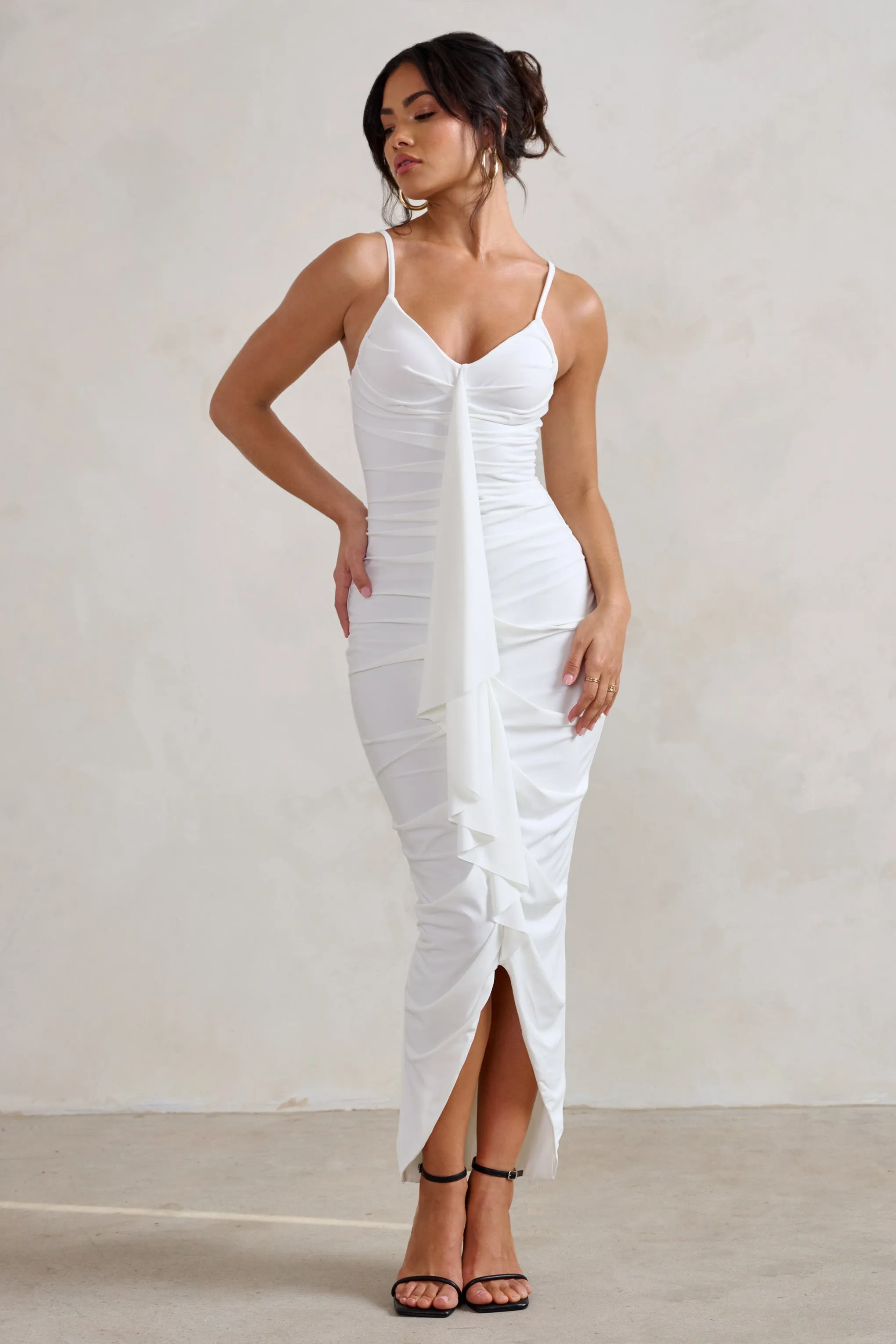 Dorothy | White Plunge V Neckline Ruffle Midi Dress sold by Club L London product image thumbnail 4