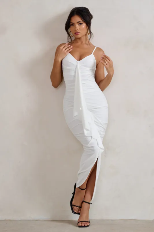 Dorothy | White Plunge V Neckline Ruffle Midi Dress sold by Club L London