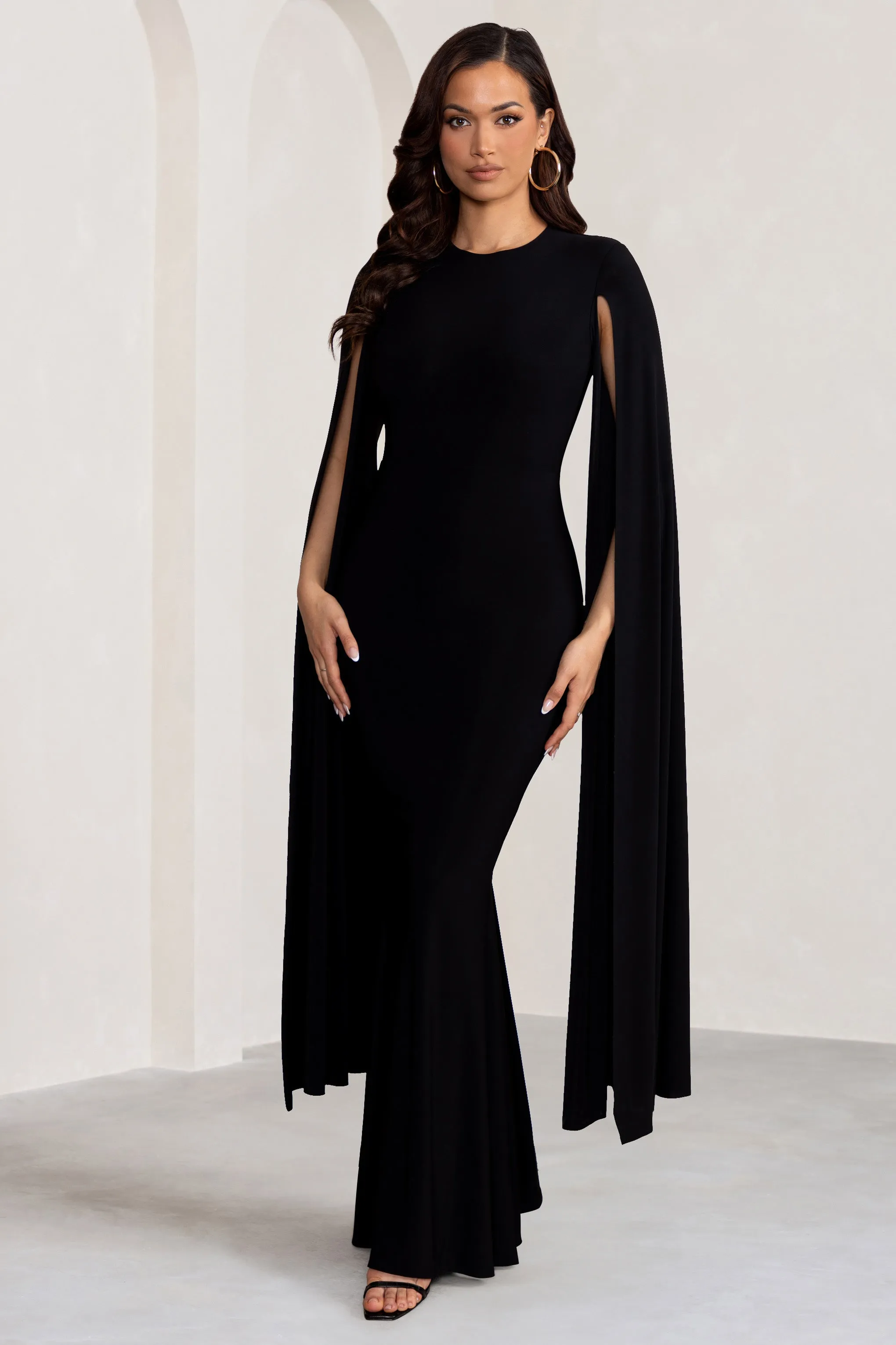 kimmy long sleeve dress Kimmy | Black High Neck Maxi Dress with Cape Sleeves