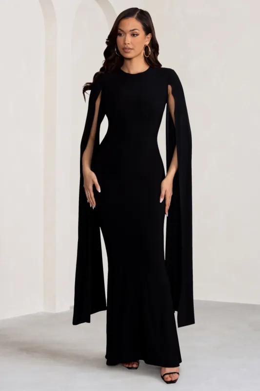 Kimmy | Black High Neck Maxi Dress with Cape Sleeves sold by Club L London
