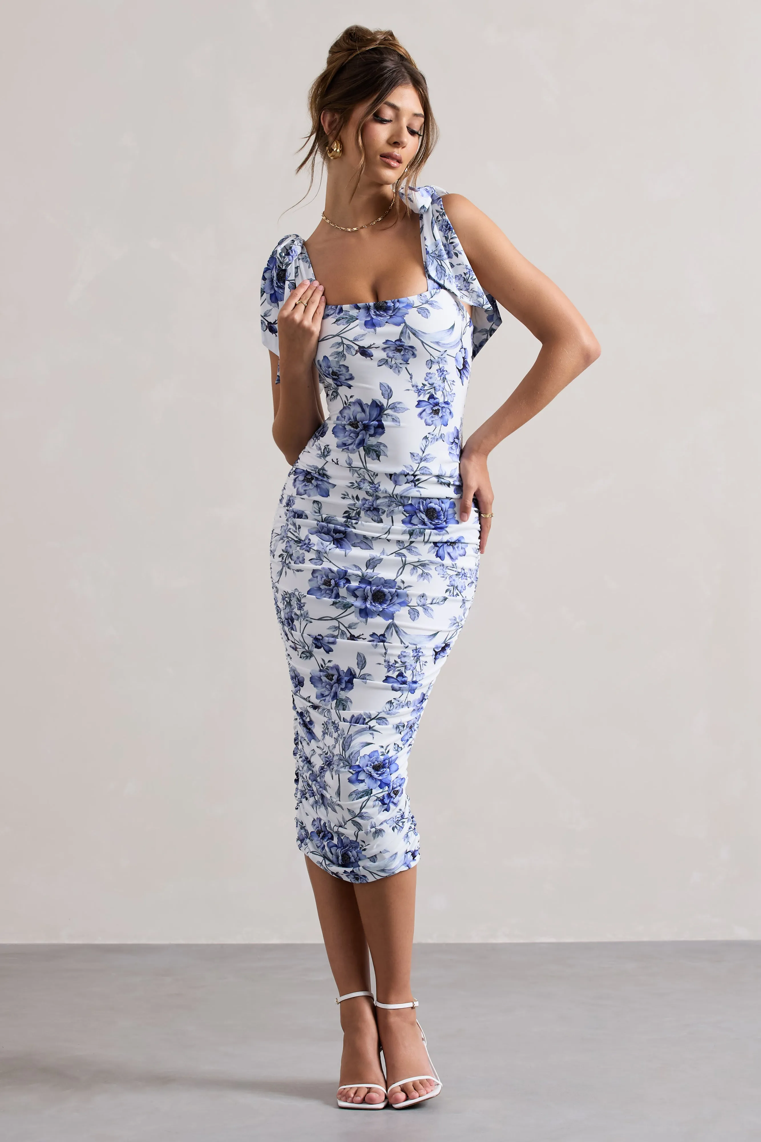 Cordelia | Floral Print Bodycon Midi Dress With Bow Straps sold by Club L London