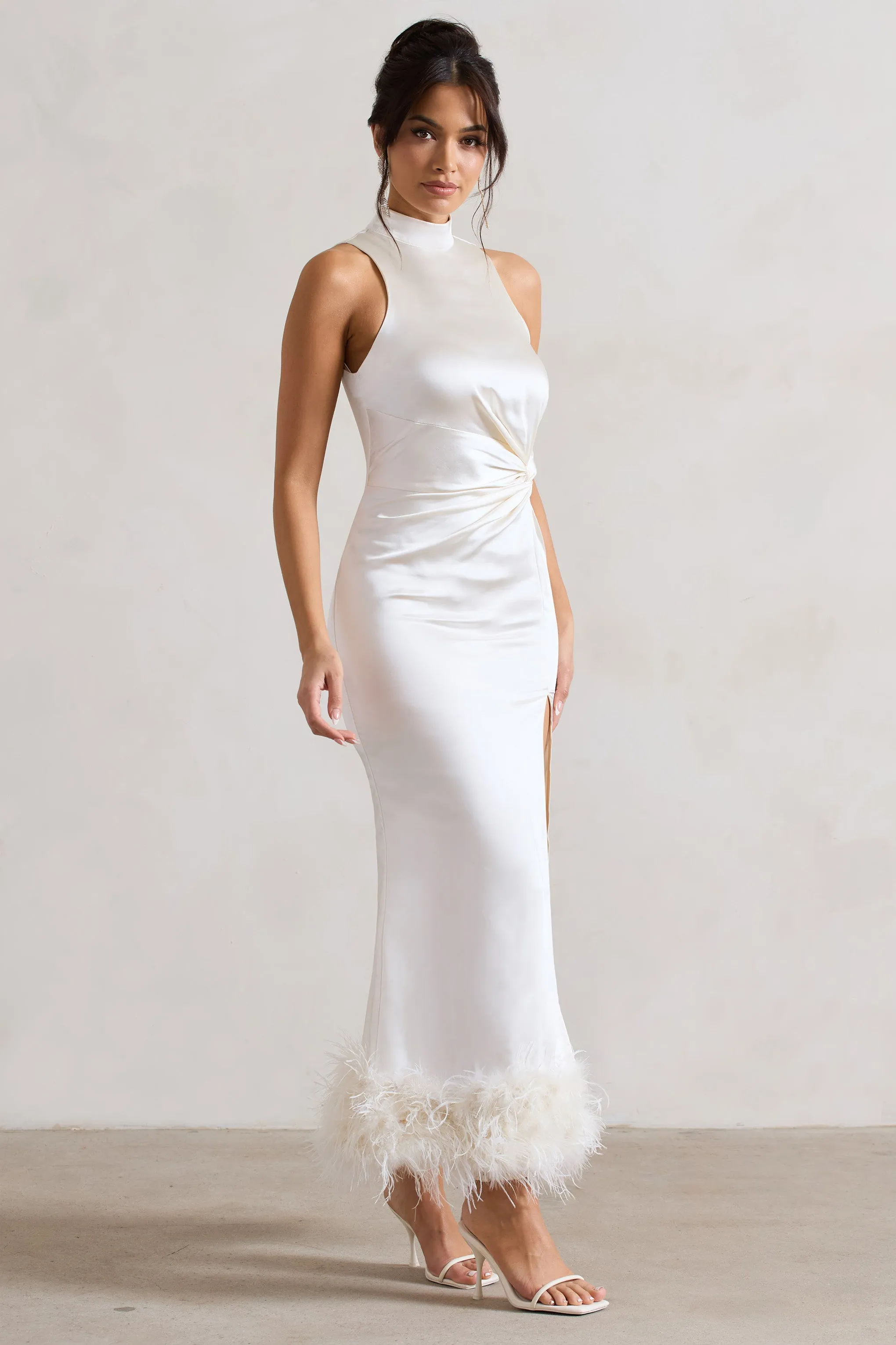 Zoe | Cream Satin Twist Split Maxi Dress With Feather Trim sold by Club L London product image thumbnail 5