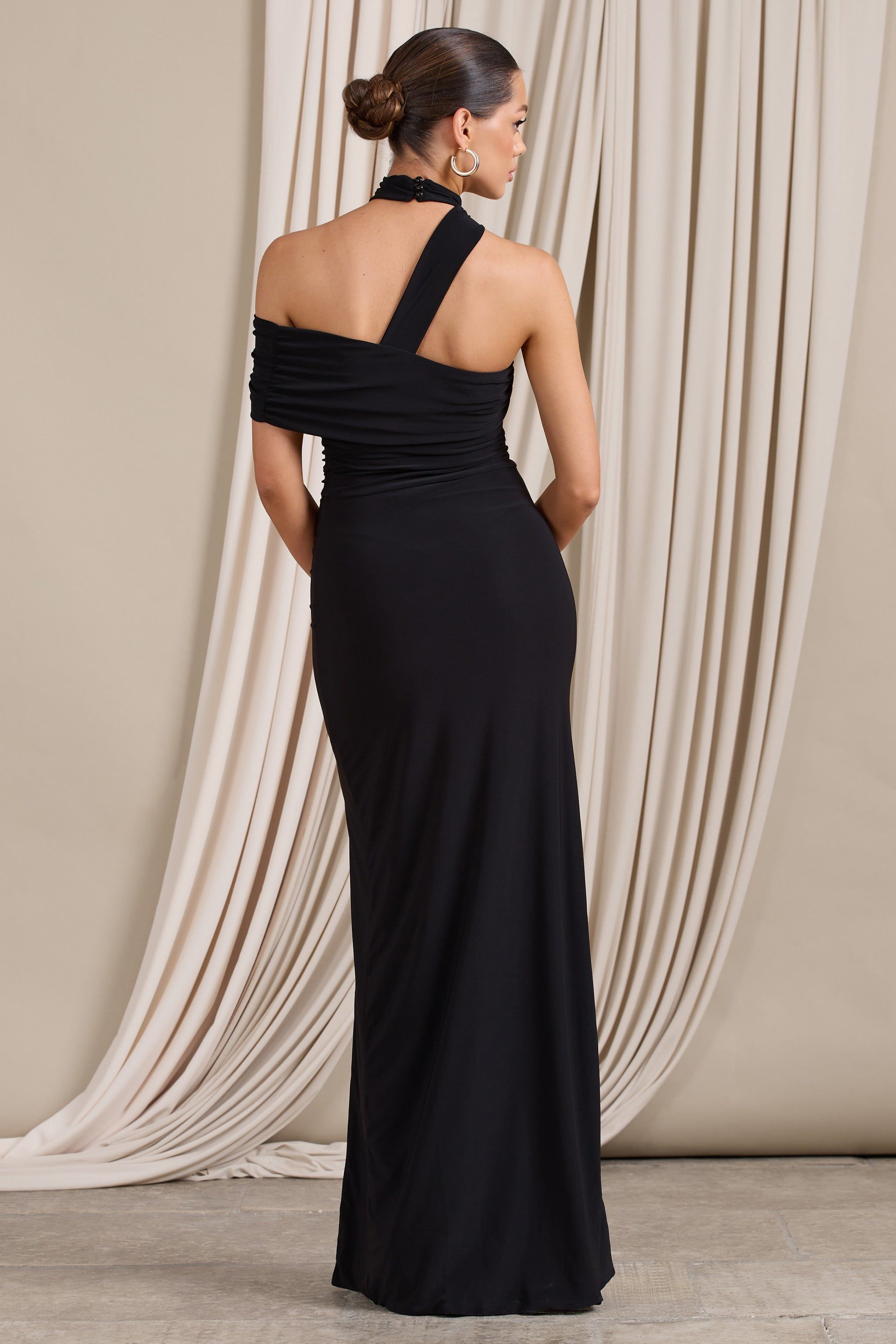 Lyla | Black Asymmetric Off The Shoulder Ruched Maxi Dress with Side Split sold by Club L London product image thumbnail 2