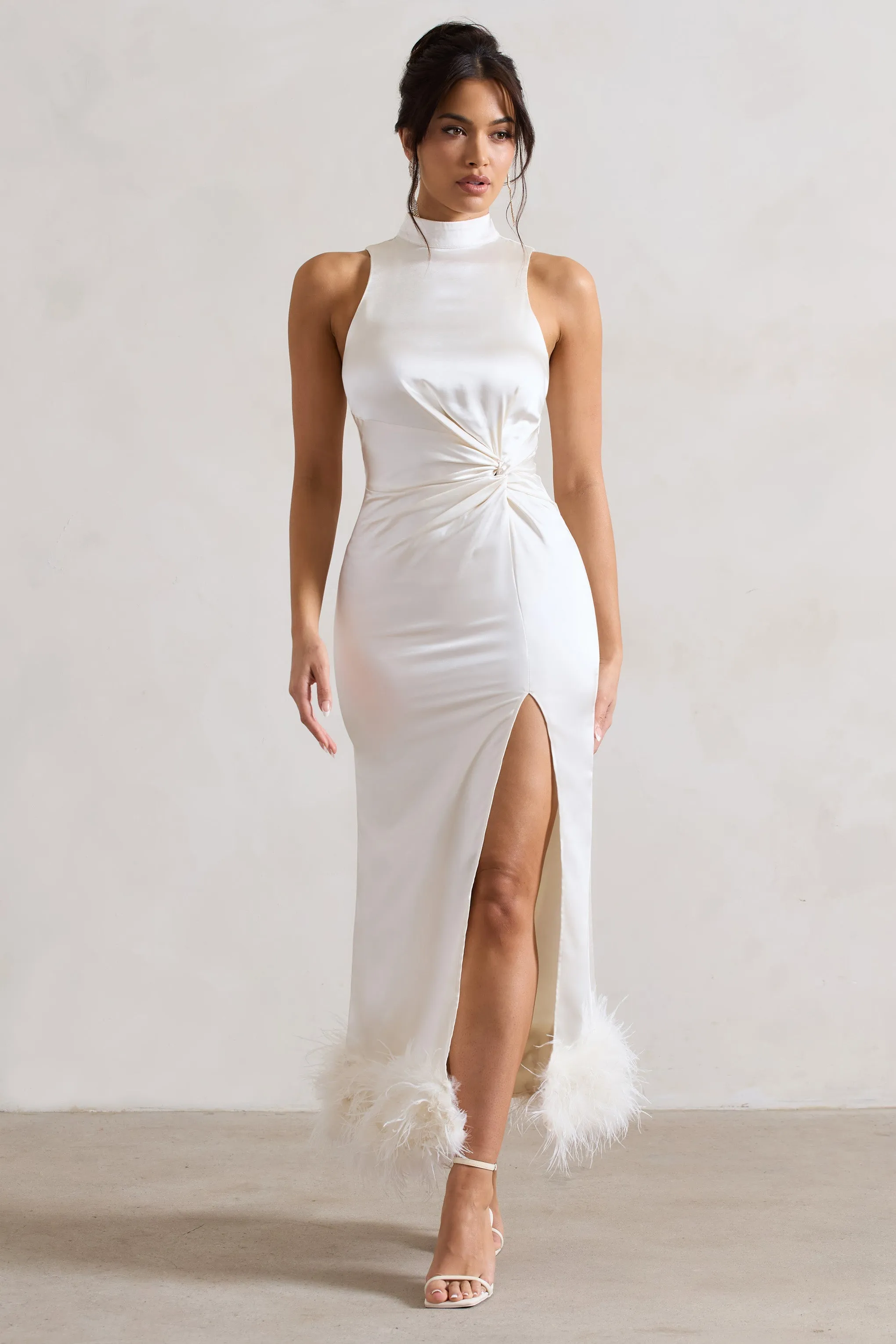 Zoe | Cream Satin Twist Split Maxi Dress With Feather Trim sold by Club L London product image thumbnail 4