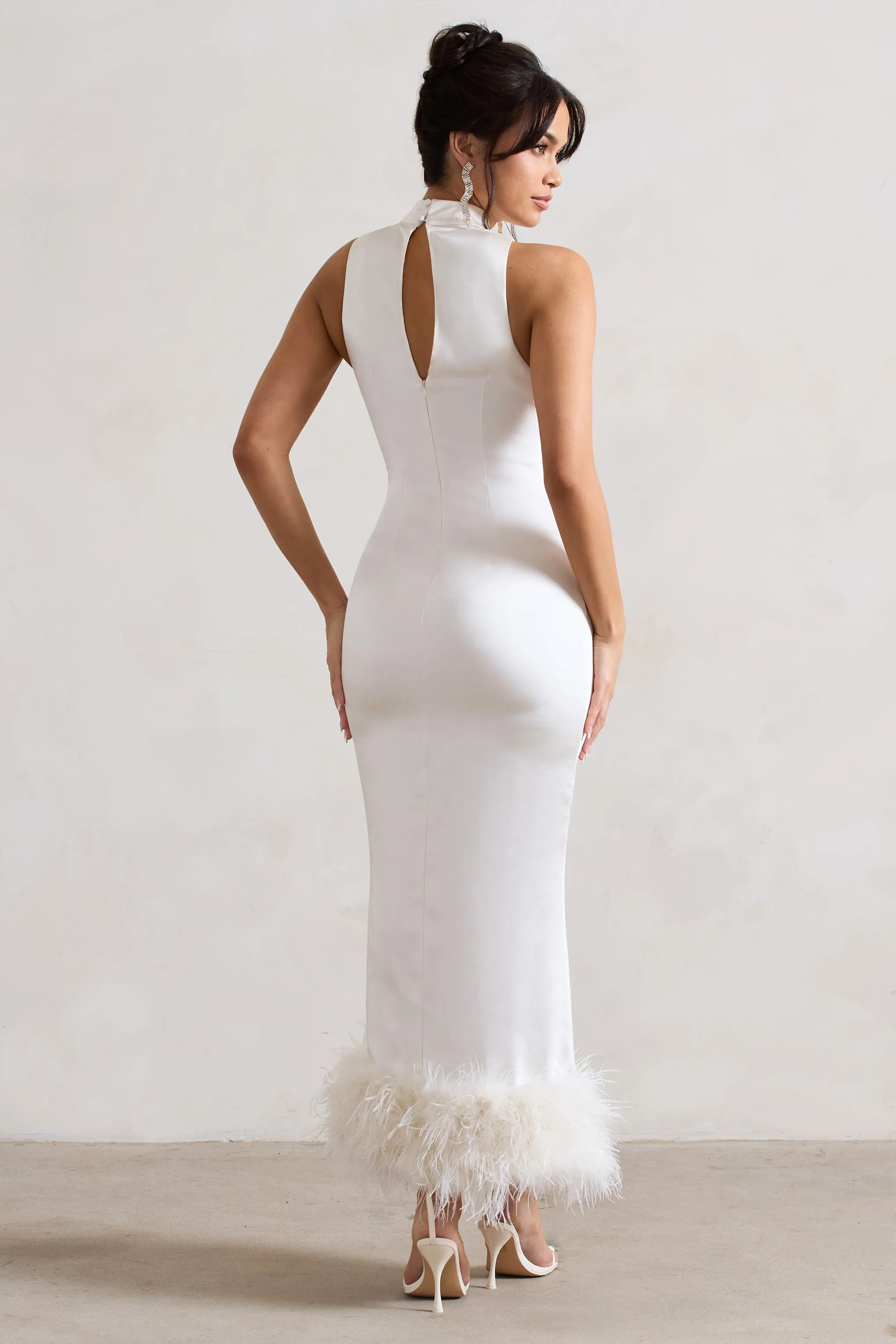 Zoe | Cream Satin Twist Split Maxi Dress With Feather Trim sold by Club L London product image thumbnail 2