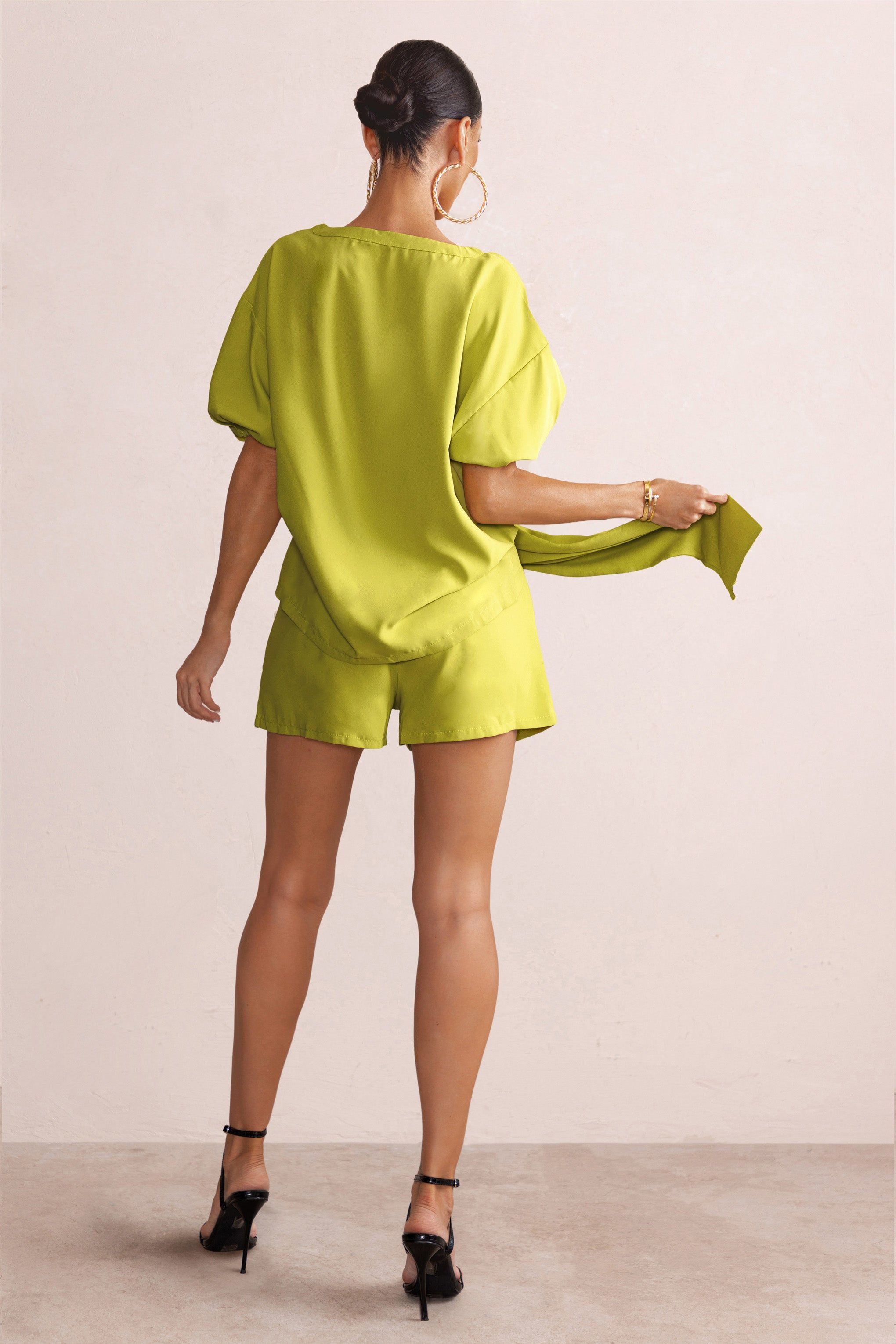 On Watch | Lime Drape Tie Detail High Waist Shorts sold by Club L London product image thumbnail 2