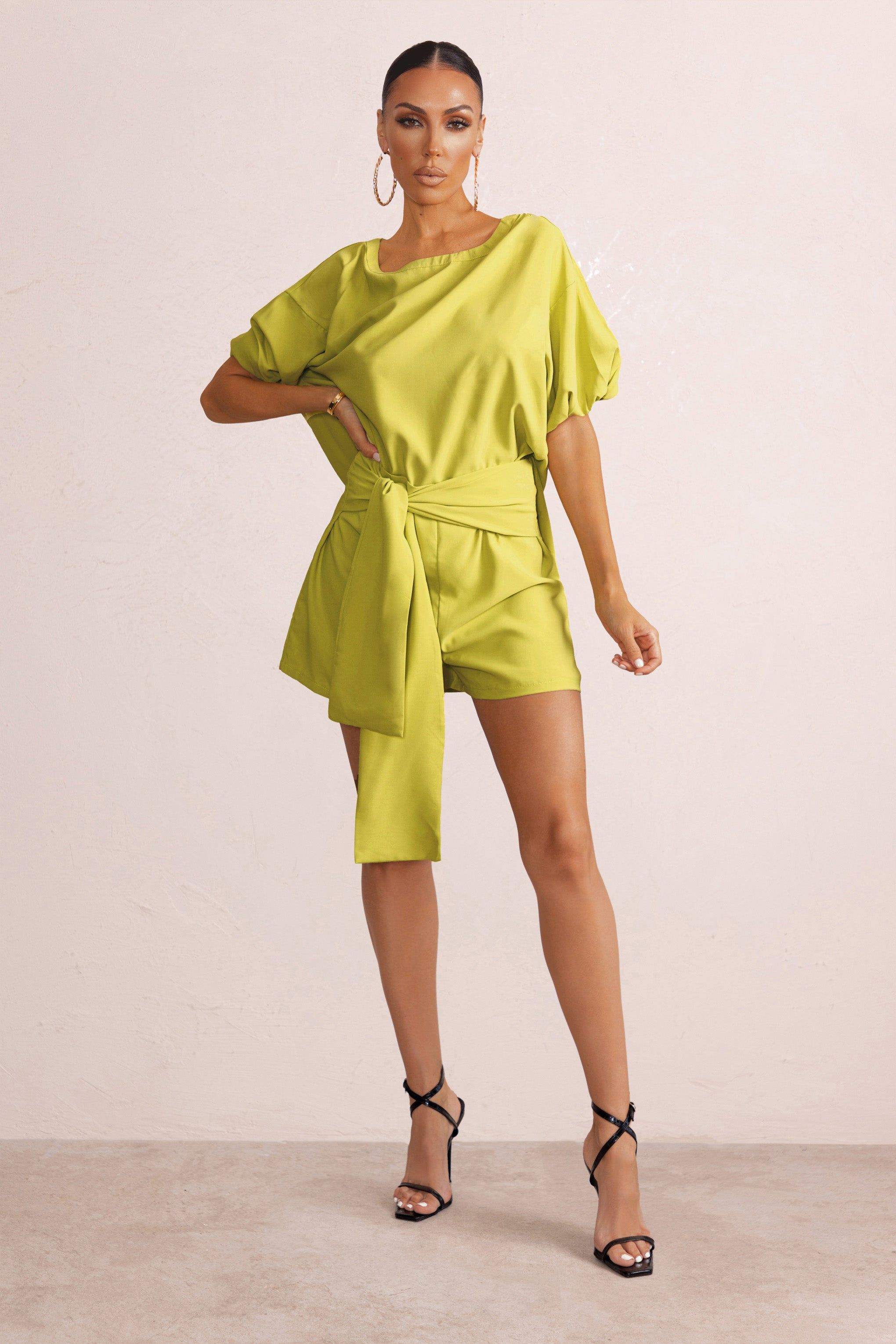 On Watch | Lime Drape Tie Detail High Waist Shorts sold by Club L London