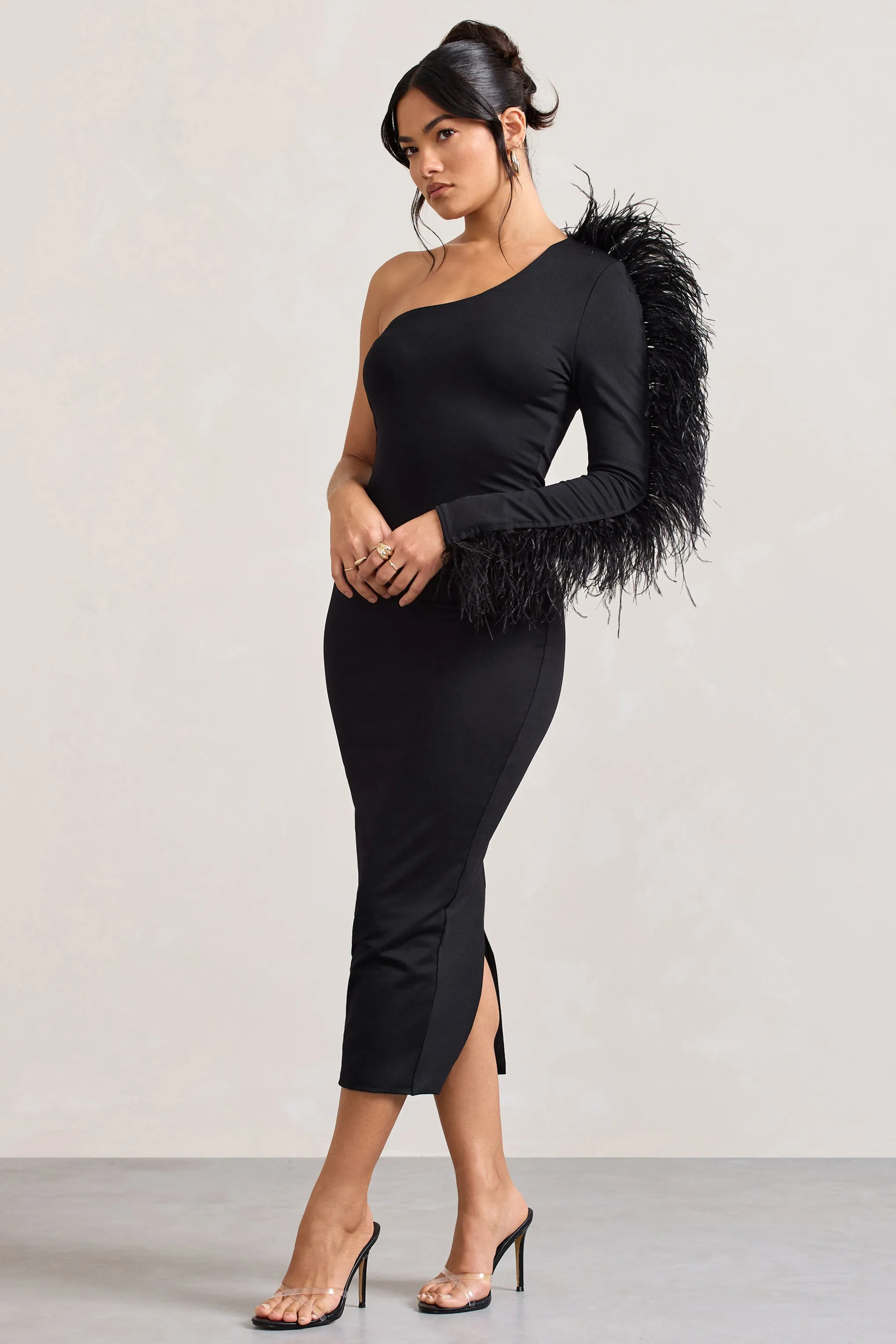 Wild One | Black One-Shoulder Bodycon Midi Dress With Feather-Trimmed Sleeve sold by Club L London