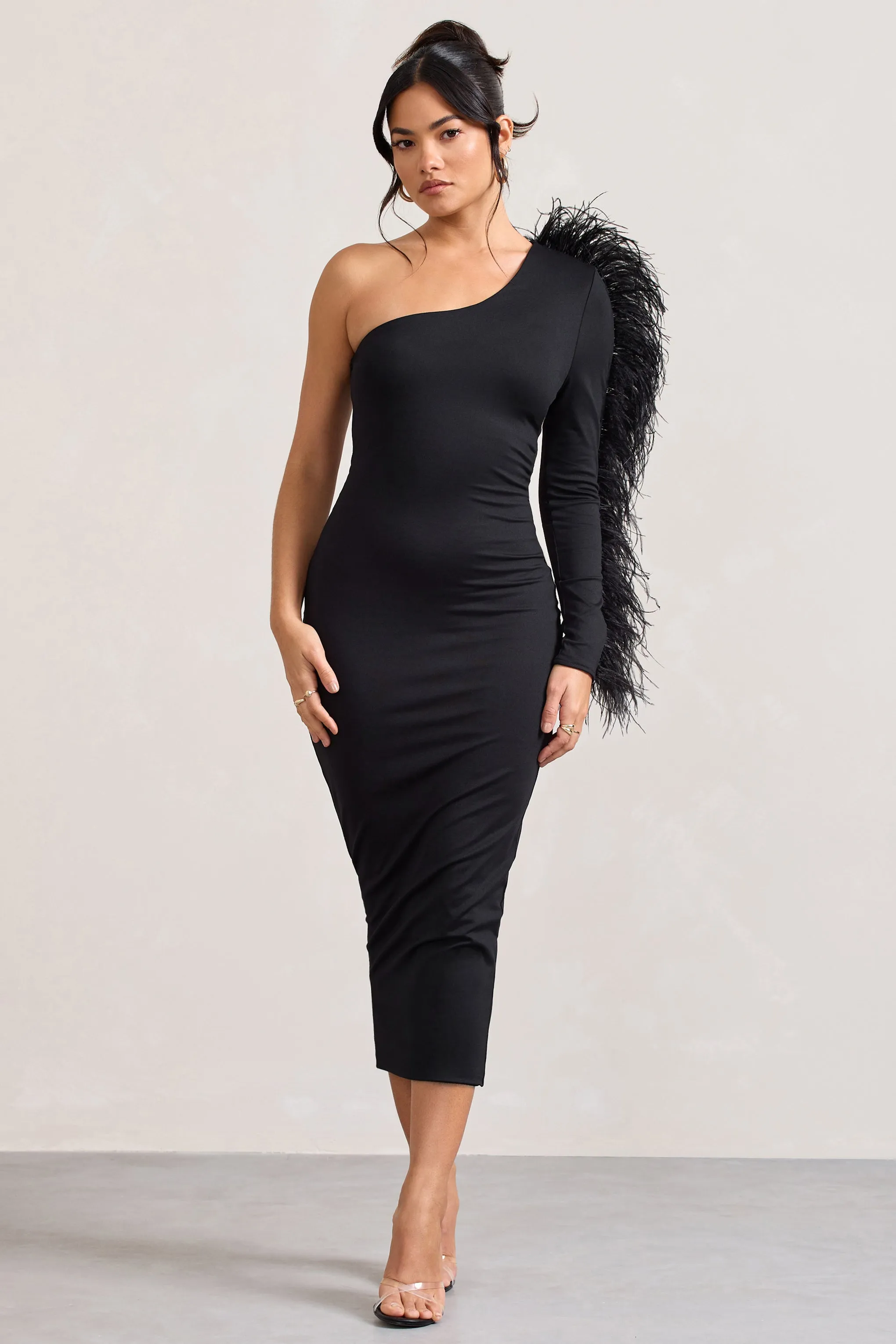 Wild One | Black One-Shoulder Bodycon Midi Dress With Feather-Trimmed Sleeve sold by Club L London product image thumbnail 4