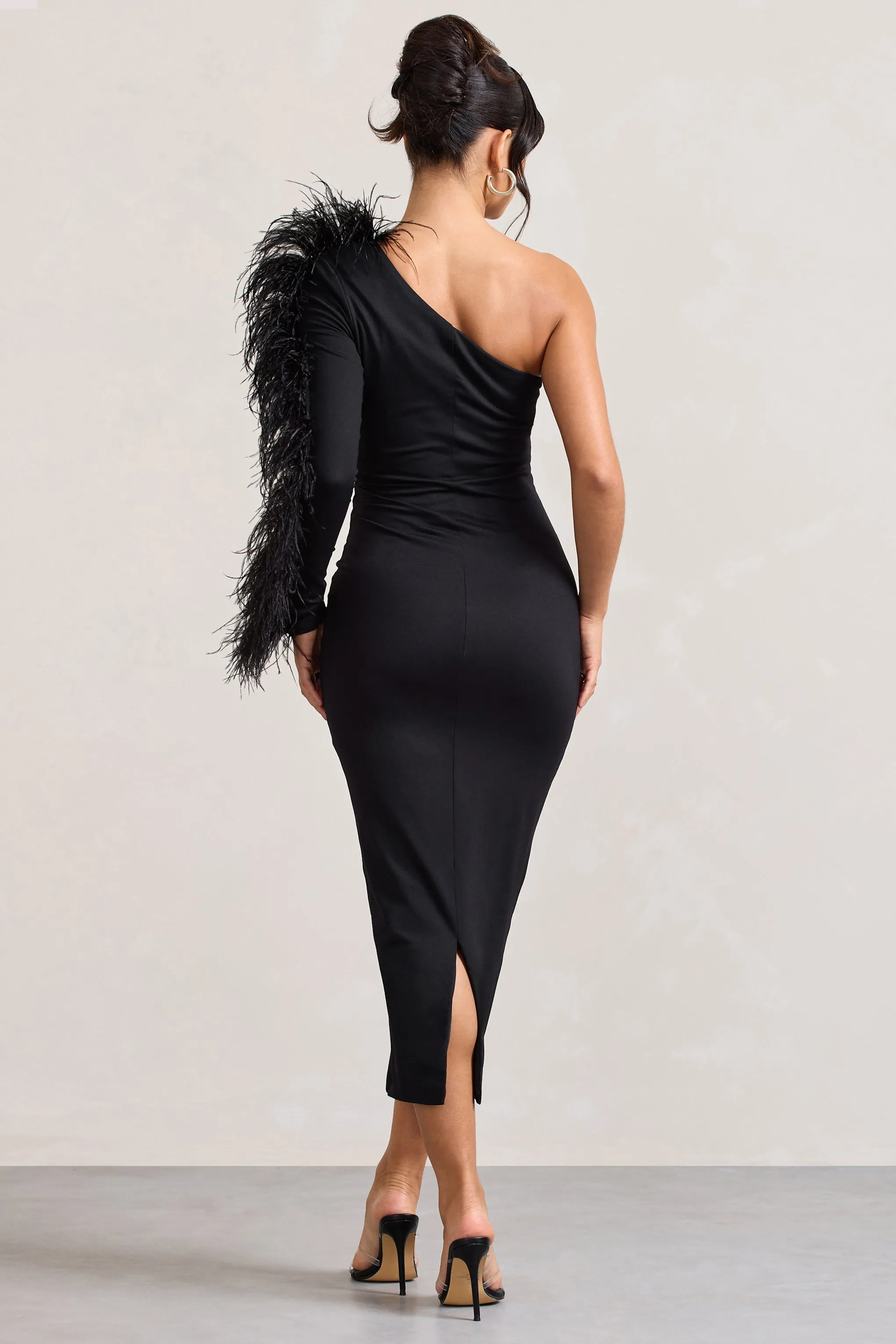 Wild One | Black One-Shoulder Bodycon Midi Dress With Feather-Trimmed Sleeve sold by Club L London product image thumbnail 2