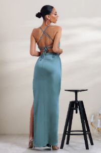 A-List | Blue Satin Cowl Maxi Dress With Thigh Split sold by Club L London