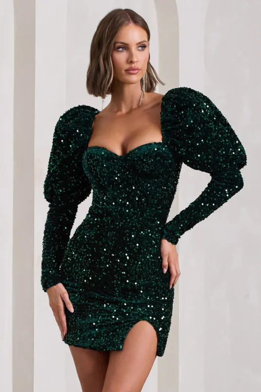 Shine Bright | Bottle Green Sequin Mini Dress With Puff Sleeves sold by Club L London