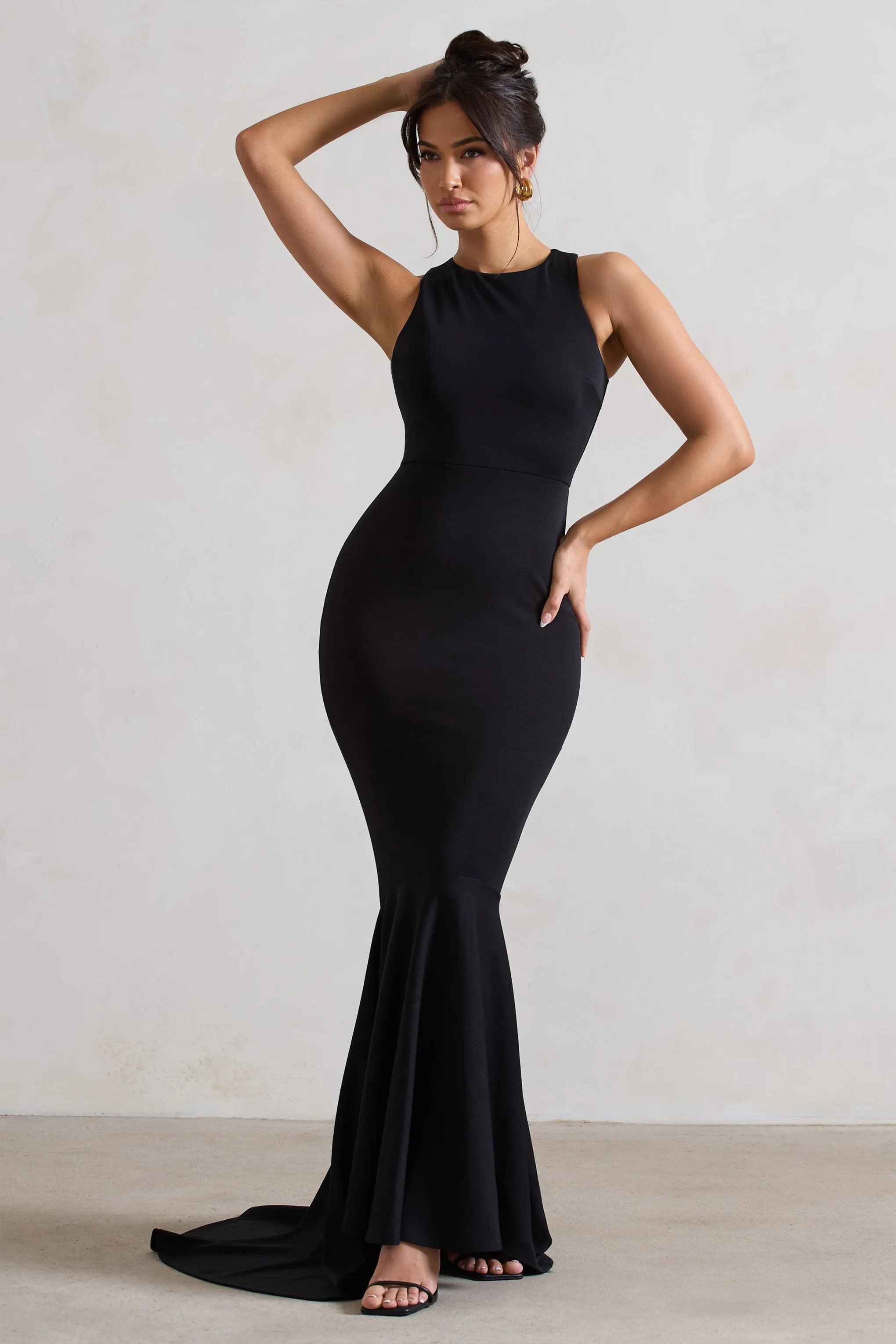 Bodhi | Black Racer-Neck Fishtail Maxi Dress sold by Club L London