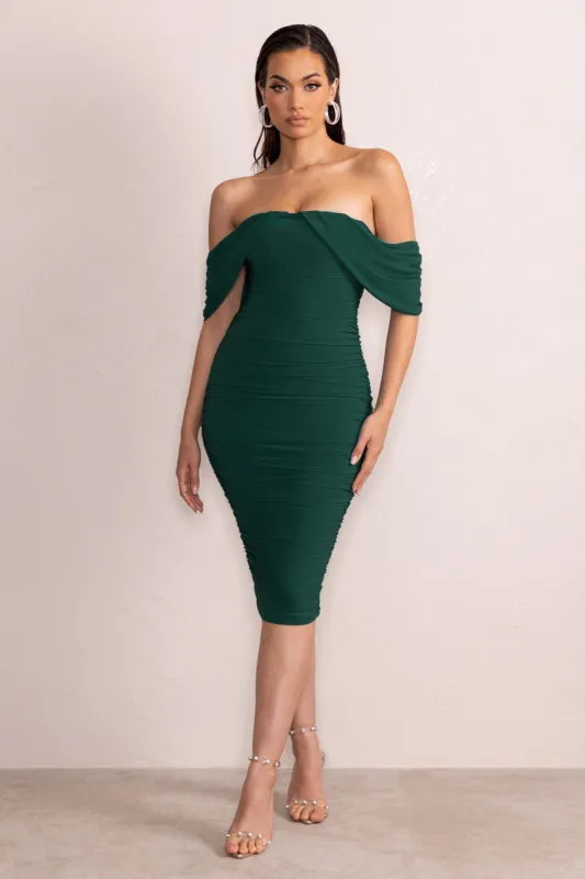 Love Me | Bottle Green Off The Shoulders Ruched Midi Dress sold by Club L London