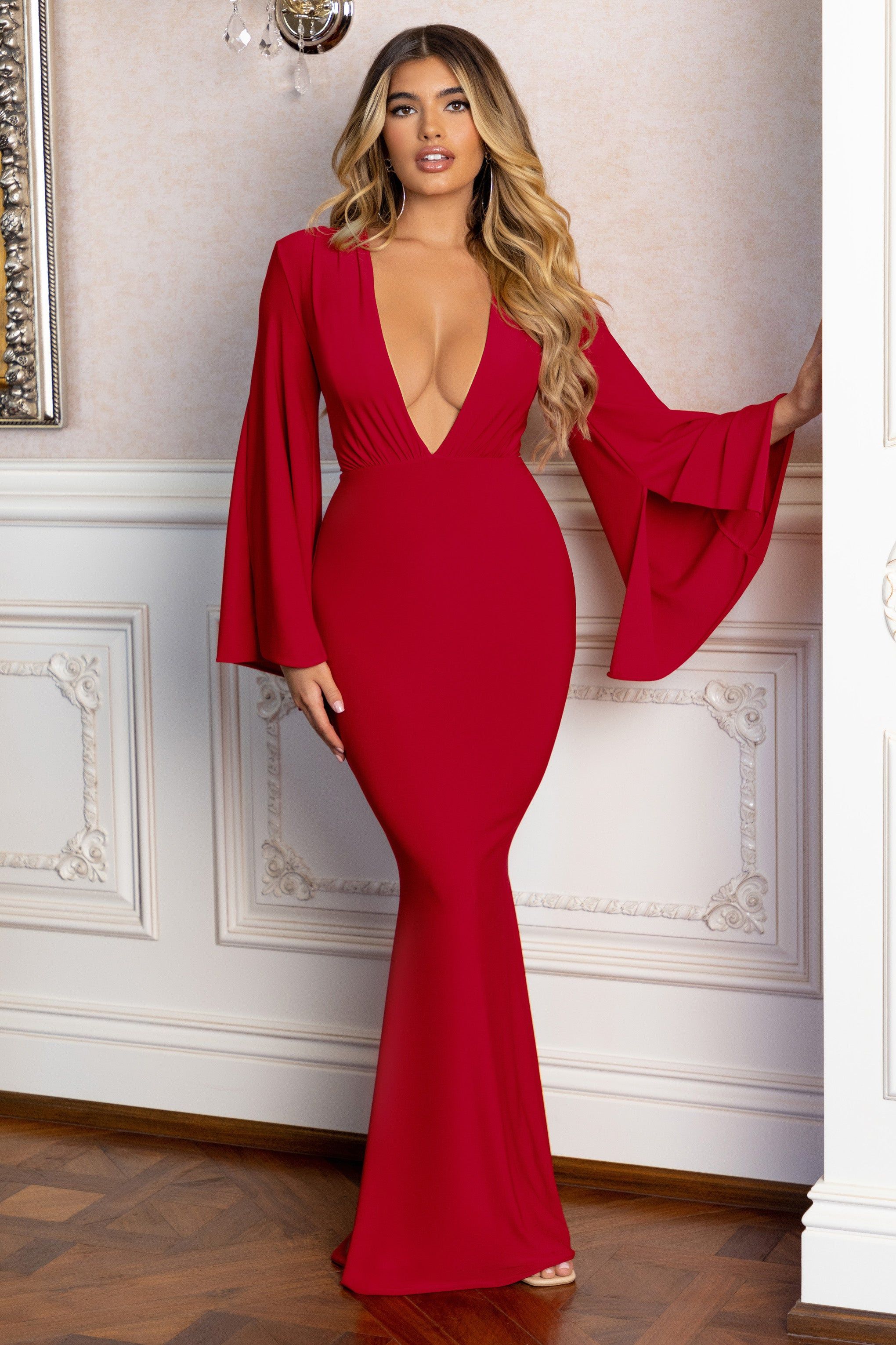 Odyssey | Red Plunge Maxi Dress With Cape Sleeves sold by Club L London