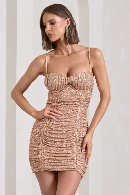 Gem | Rose Gold Sequin Ruched Strappy Mini Dress sold by Club L London