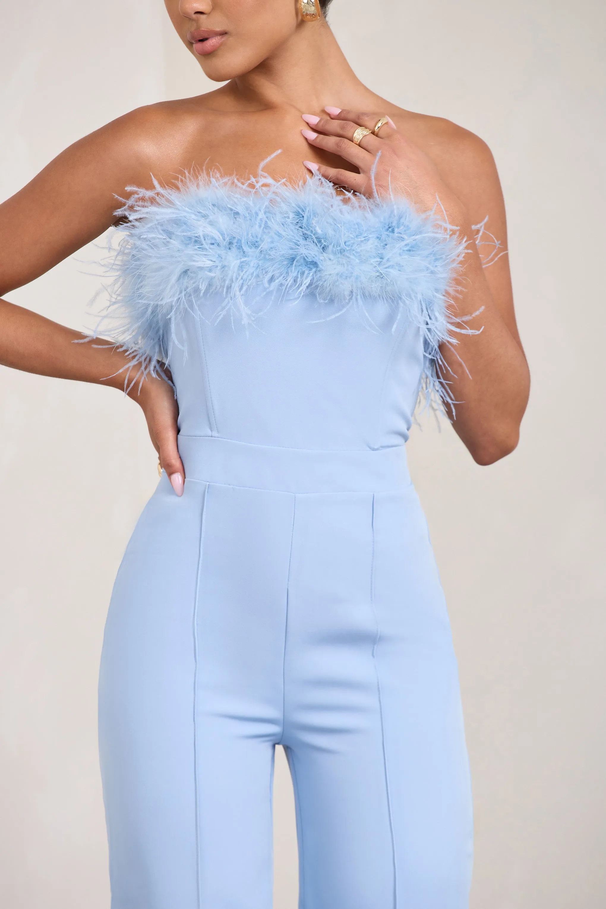 First Class | Blue Bandeau Feather Wide Leg jumpsuit sold by Club L London product image thumbnail 5