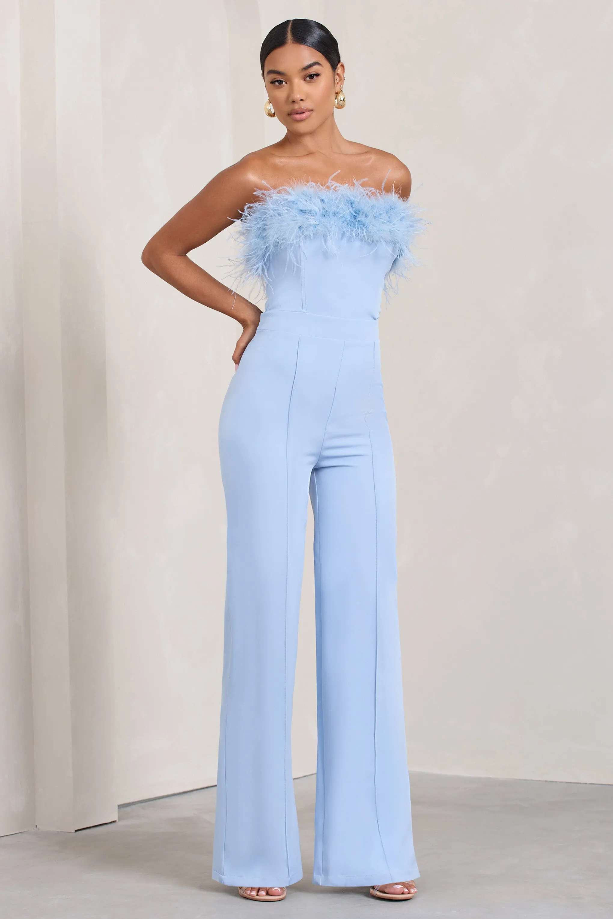 First Class | Blue Bandeau Feather Wide Leg jumpsuit sold by Club L London product image thumbnail 3