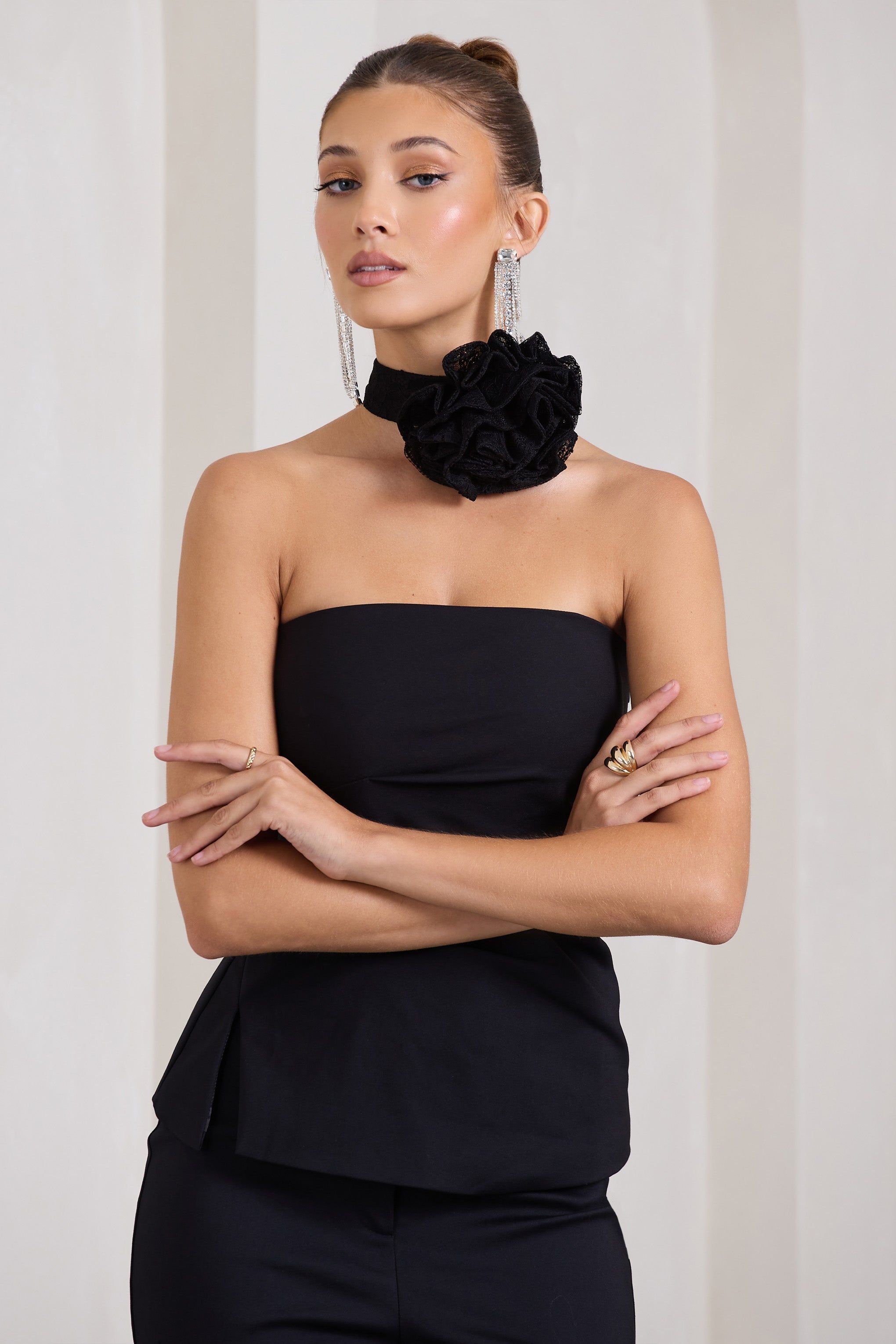 Chrysanthemum | Black Sheer Lace Choker With Flower Corsage sold by Club L London