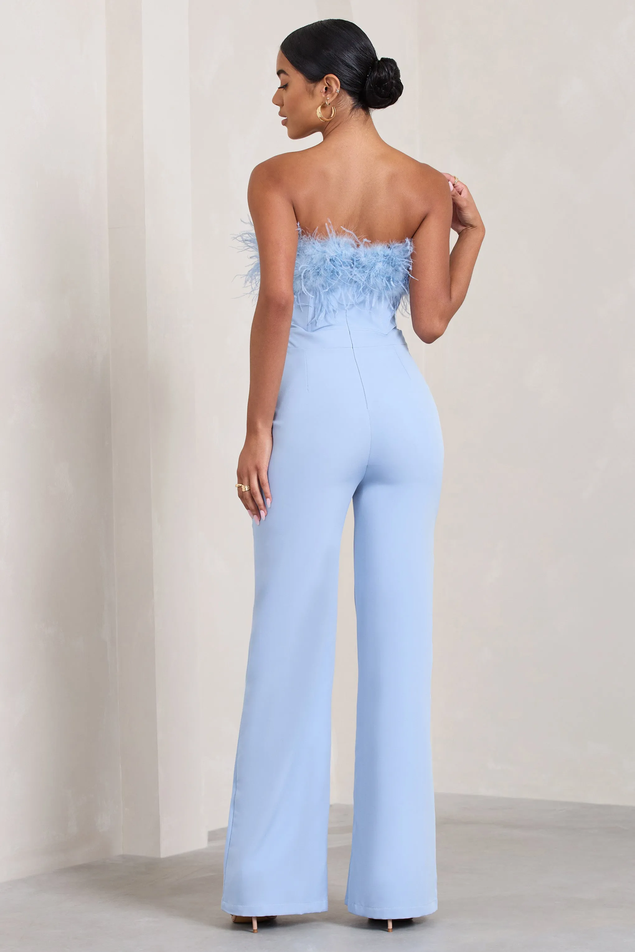 First Class | Blue Bandeau Feather Wide Leg jumpsuit sold by Club L London product image thumbnail 2