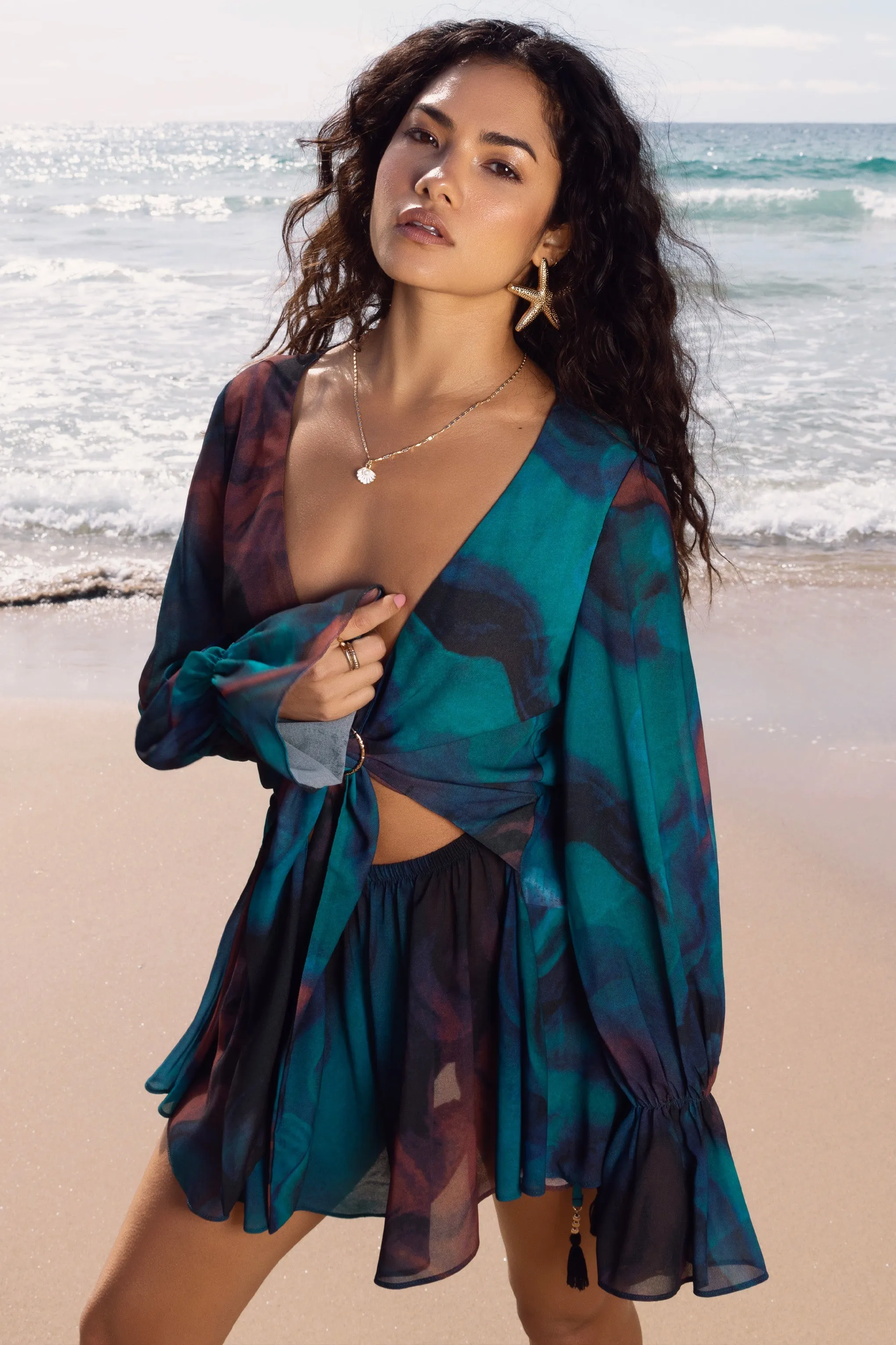 Rosalia | Blue Print Plunge-Neck Long-Sleeve Gathered Playsuit sold by Club L London