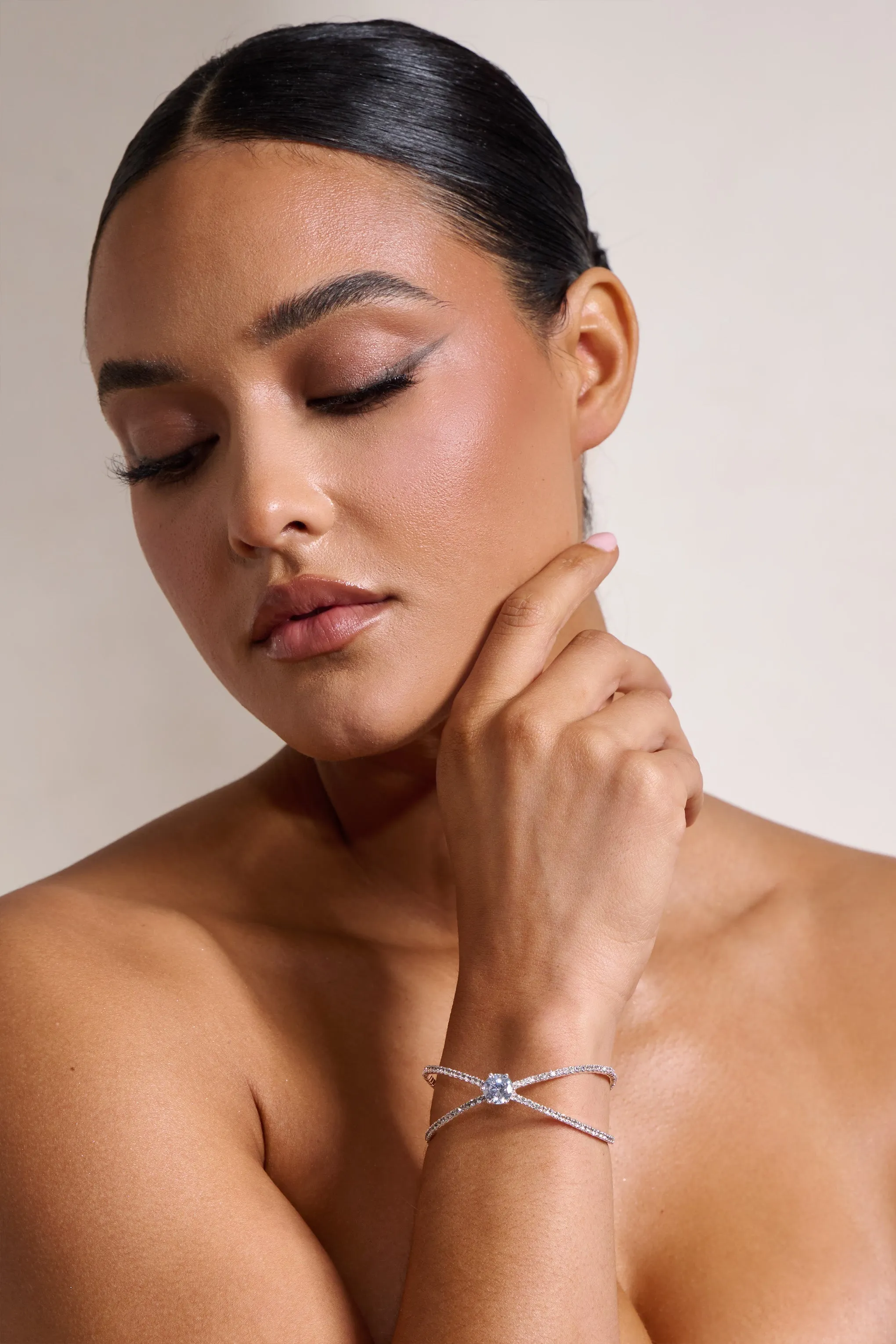 Cherrie | Silver Diamante Pendant Cuff Bracelet sold by Club L London