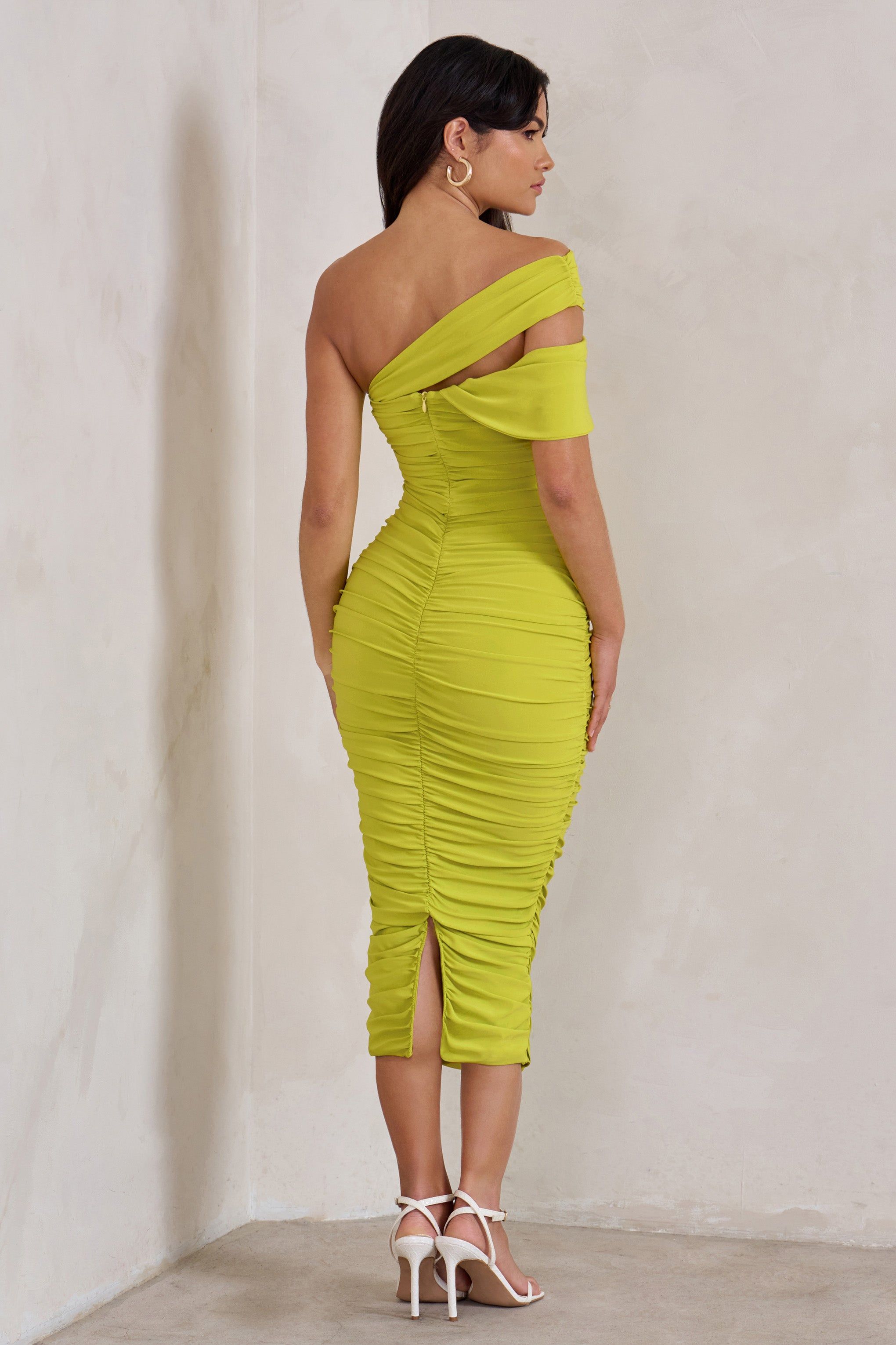 Cici | Lime Green Asymmetric One Shoulder Ruched Midi Dress sold by Club L London product image thumbnail 2