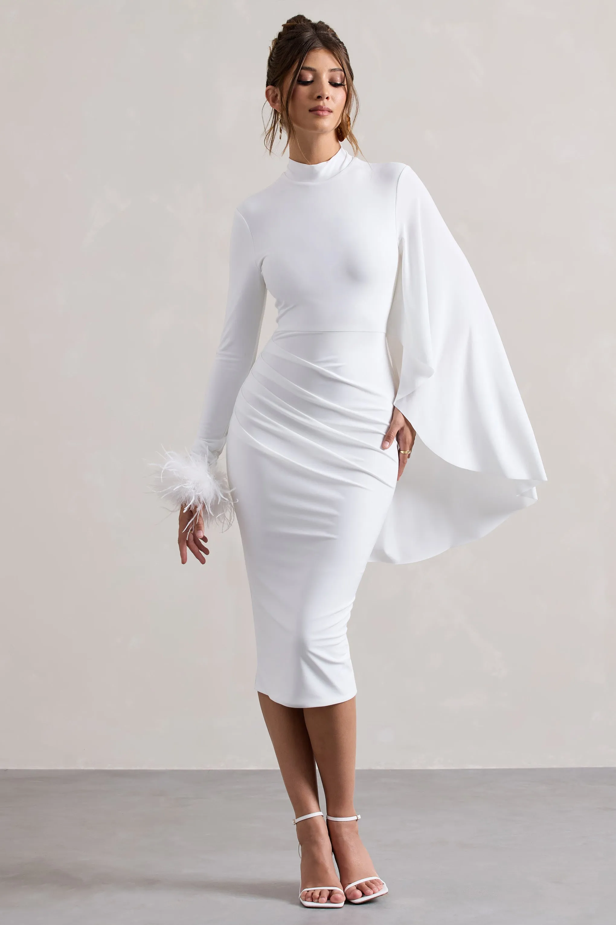Tamika | White High-Neck Cape-Sleeve Midi Dress With Feathers sold by Club L London